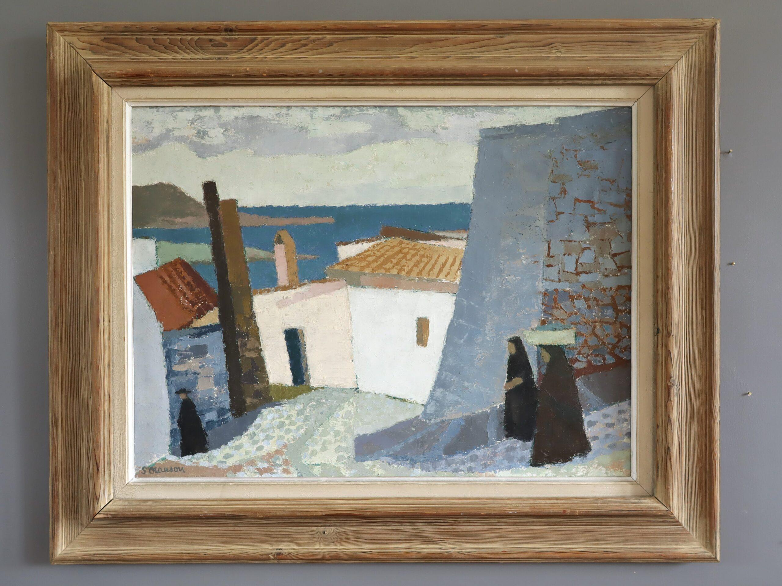 Mid Century Modern Swedish Street Scene Landscape Oil Painting - Coastal Descent - Brown Landscape Painting by Unknown
