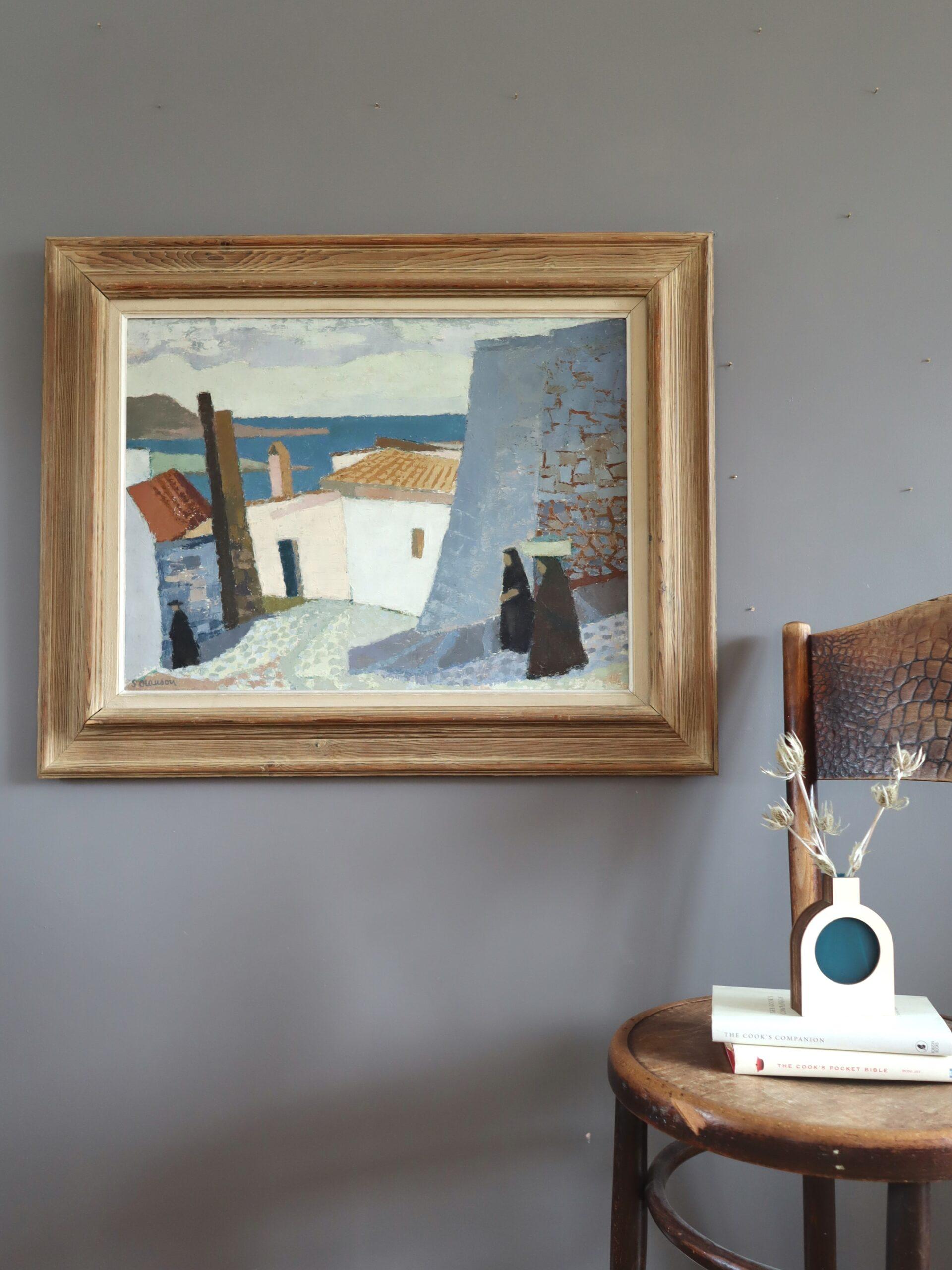 COASTAL DESCENT
Size: 64 x 79.5 cm (including frame)
Oil on canvas

A very soothing mid-century modernist painting that captures a sun-drenched coastal village, executed in oil onto canvas.

The viewer is positioned atop a steep stone path that