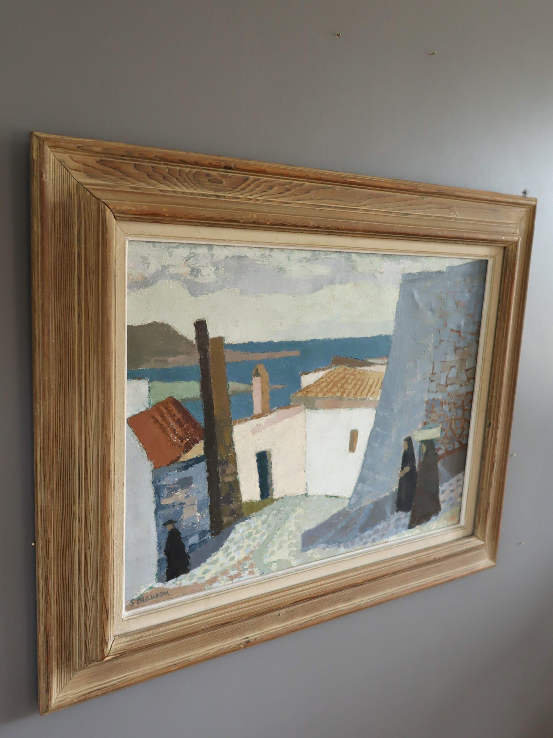 Mid Century Modern Swedish Street Scene Landscape Oil Painting - Coastal Descent For Sale 1