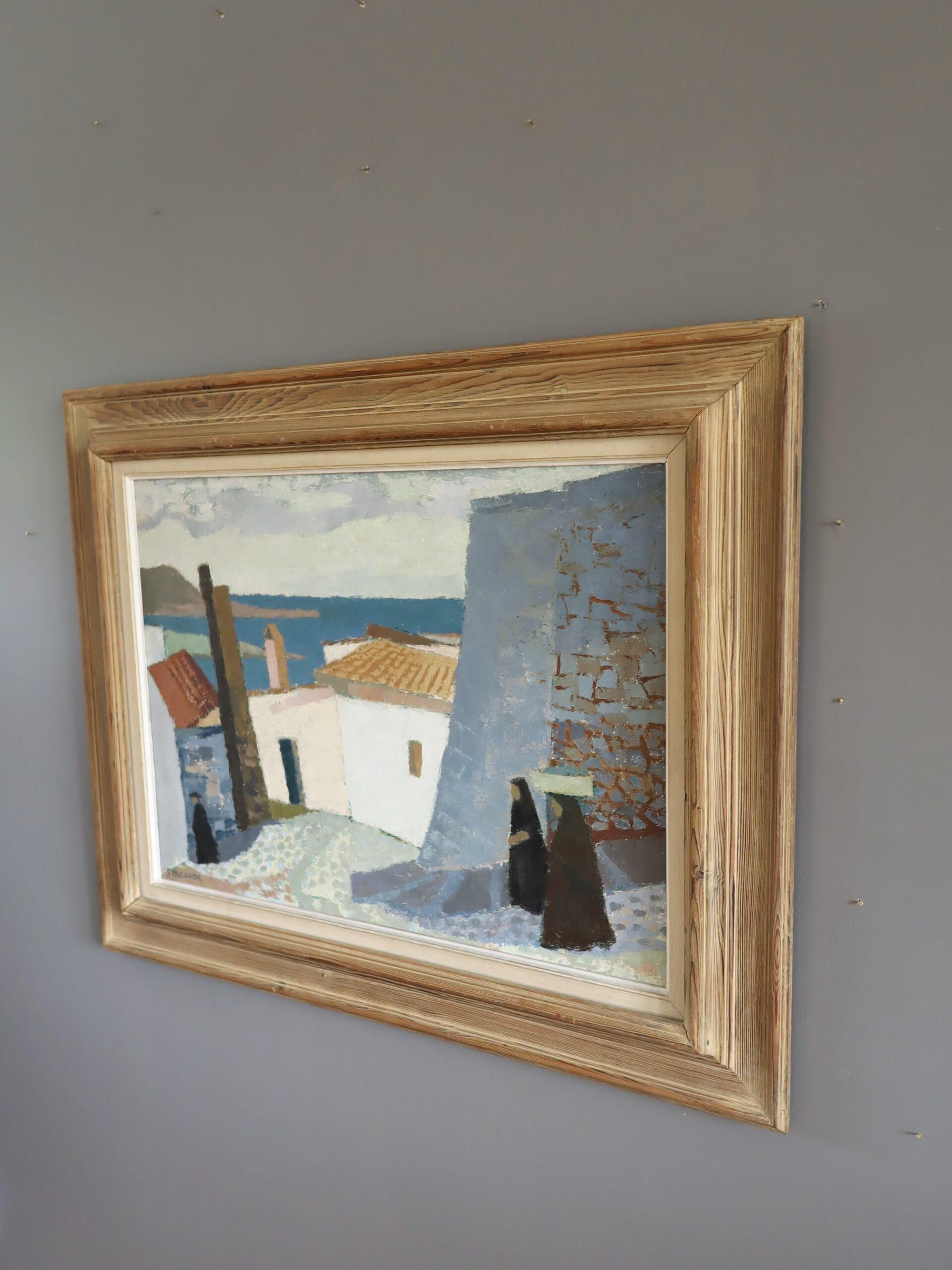 Mid Century Modern Swedish Street Scene Landscape Oil Painting - Coastal Descent For Sale 2