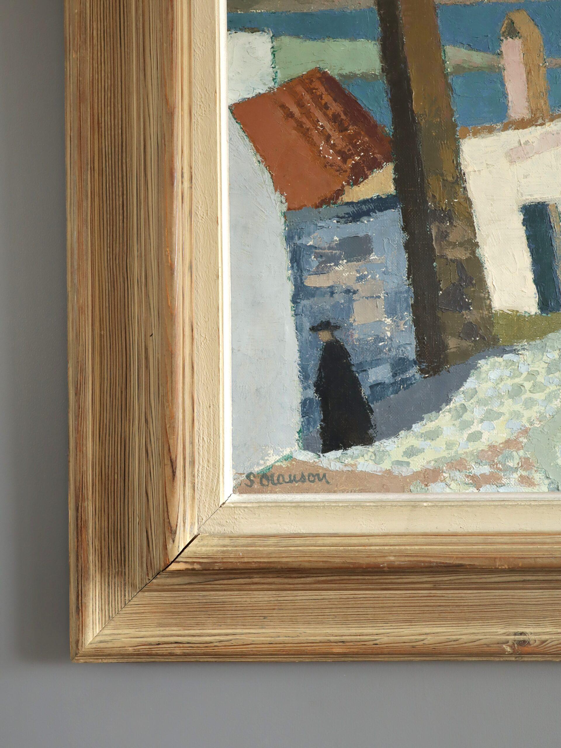 Mid Century Modern Swedish Street Scene Landscape Oil Painting - Coastal Descent For Sale 4