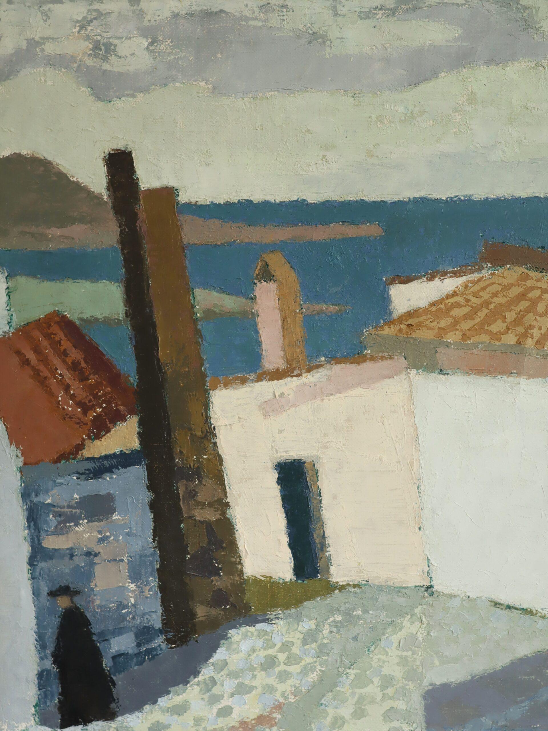 Mid Century Modern Swedish Street Scene Landscape Oil Painting - Coastal Descent For Sale 6