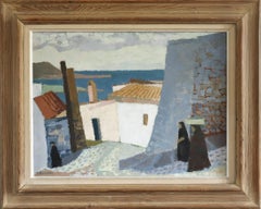 Peinture à l'huile de paysage de scène de rue suédoise du milieu du siècle dernier - Coastal Descent