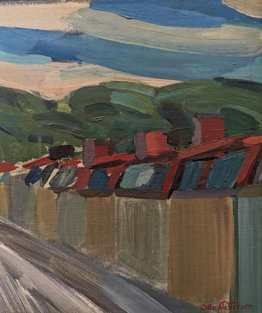 Mid-Century Modern Swedish Street Scene Landscape Oil Painting - Row of Houses For Sale 9