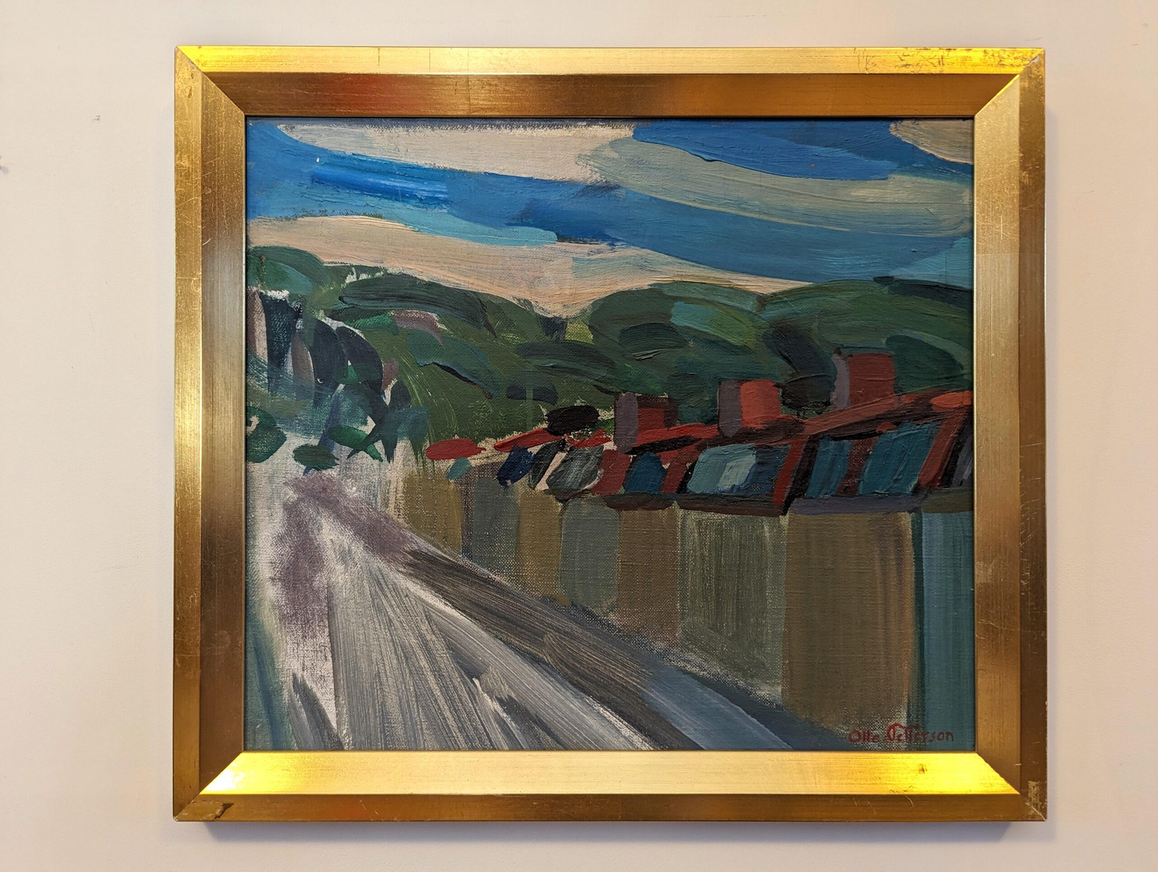 ROW OF HOUSES
Size: 31 x 35 cm (including frame)
Oil on Canvas Board

An expressive and lively mid-century modernist style composition, executed in oil onto canvas board.

Small yet impact in its composition, the painting presents a row of houses