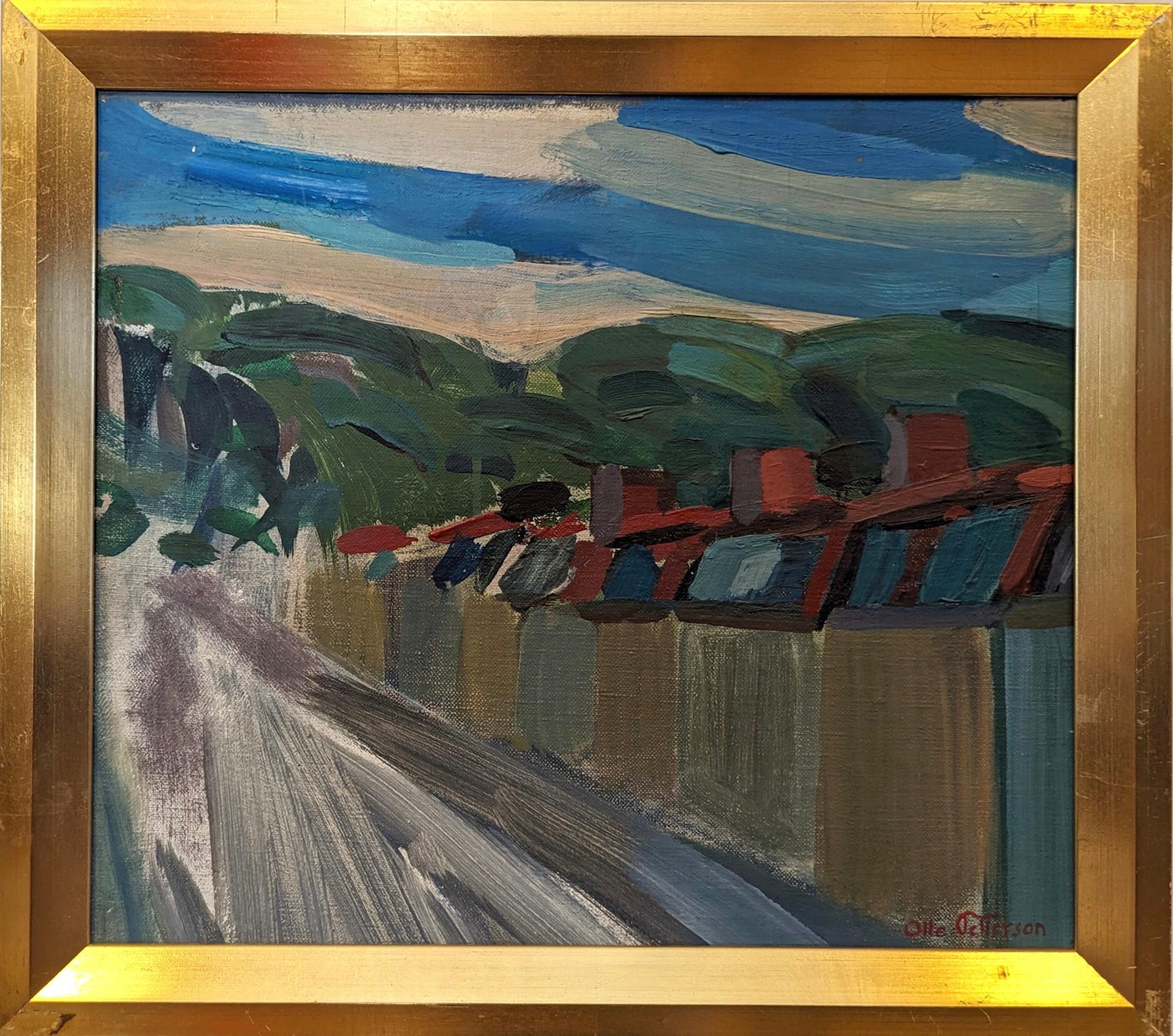 Unknown Landscape Painting – Schwedische Straßenszene-Landschaftsgemälde, Ölgemälde, Mid-Century Modern, Reihe von Häusern