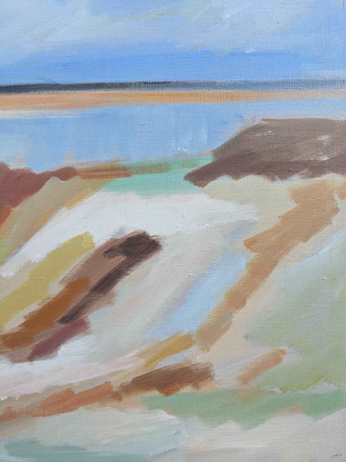 The Gentle Coast
Size: 52 x 63 cm (including frame)
Oil on canvas

A semi-abstract mid century modernist seascape composition in oil, painted onto canvas.

This soothing and tranquil painting features a palette of gentle pastel colours, and soft,