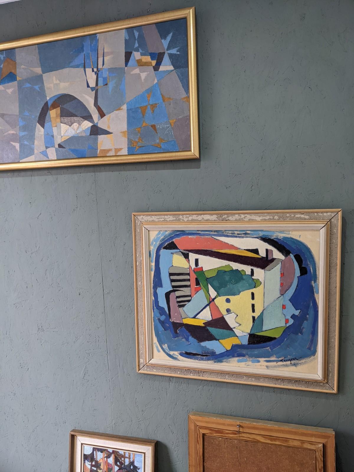 Mid-Century Modern Swedish Vintage Framed Oil Painting - Cubist House, Framed 7