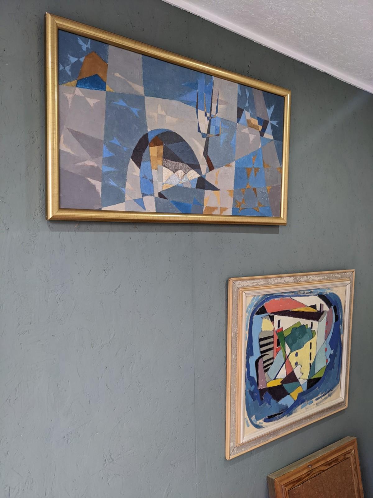 Mid-Century Modern Swedish Vintage Framed Oil Painting - Cubist House, Framed 8