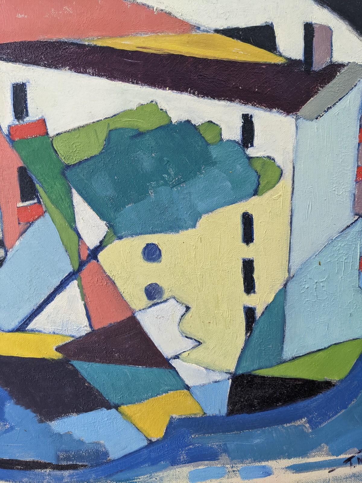 CUBIST HOUSE
Size: 61.5 x 71 cm (including frame)
Oil on board

A very interesting and striking mid century cubist oil composition, painted onto board.

With a focus on form, shape, line, pattern and colour, the artist has taken an interesting