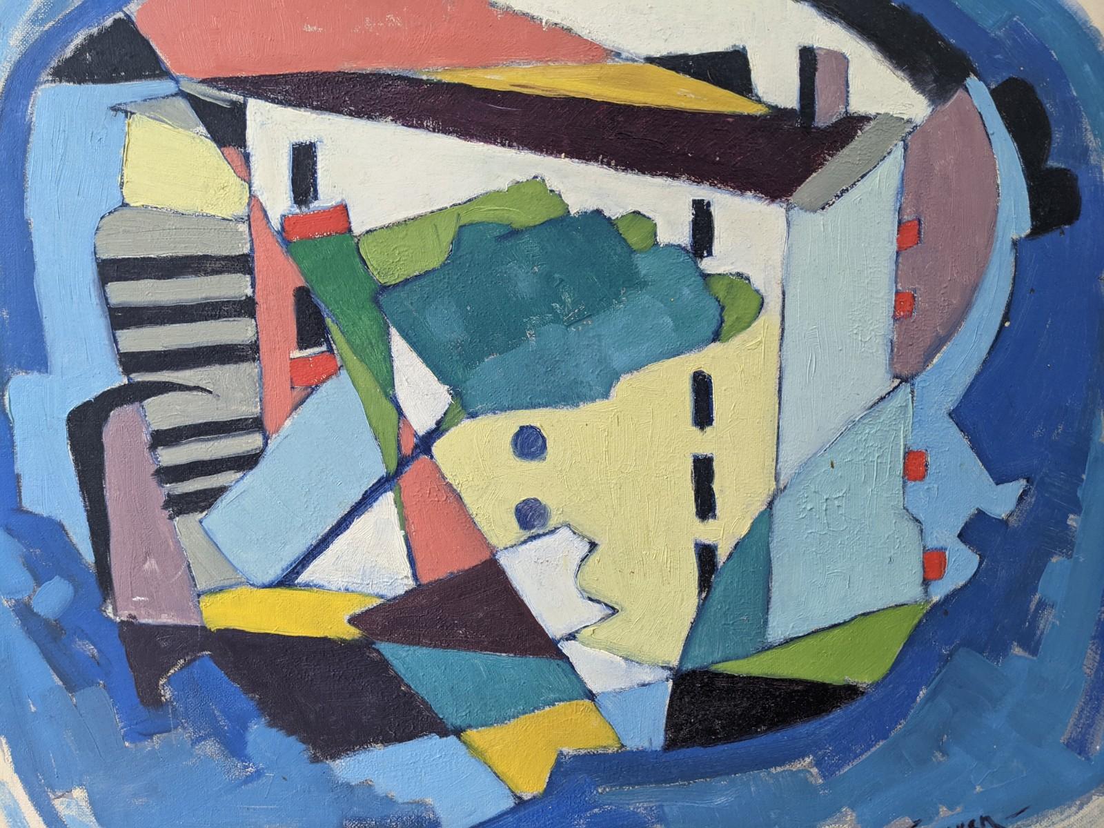 Pittura ad olio svedese d'epoca con cornice - Casa cubista, incorniciata 1