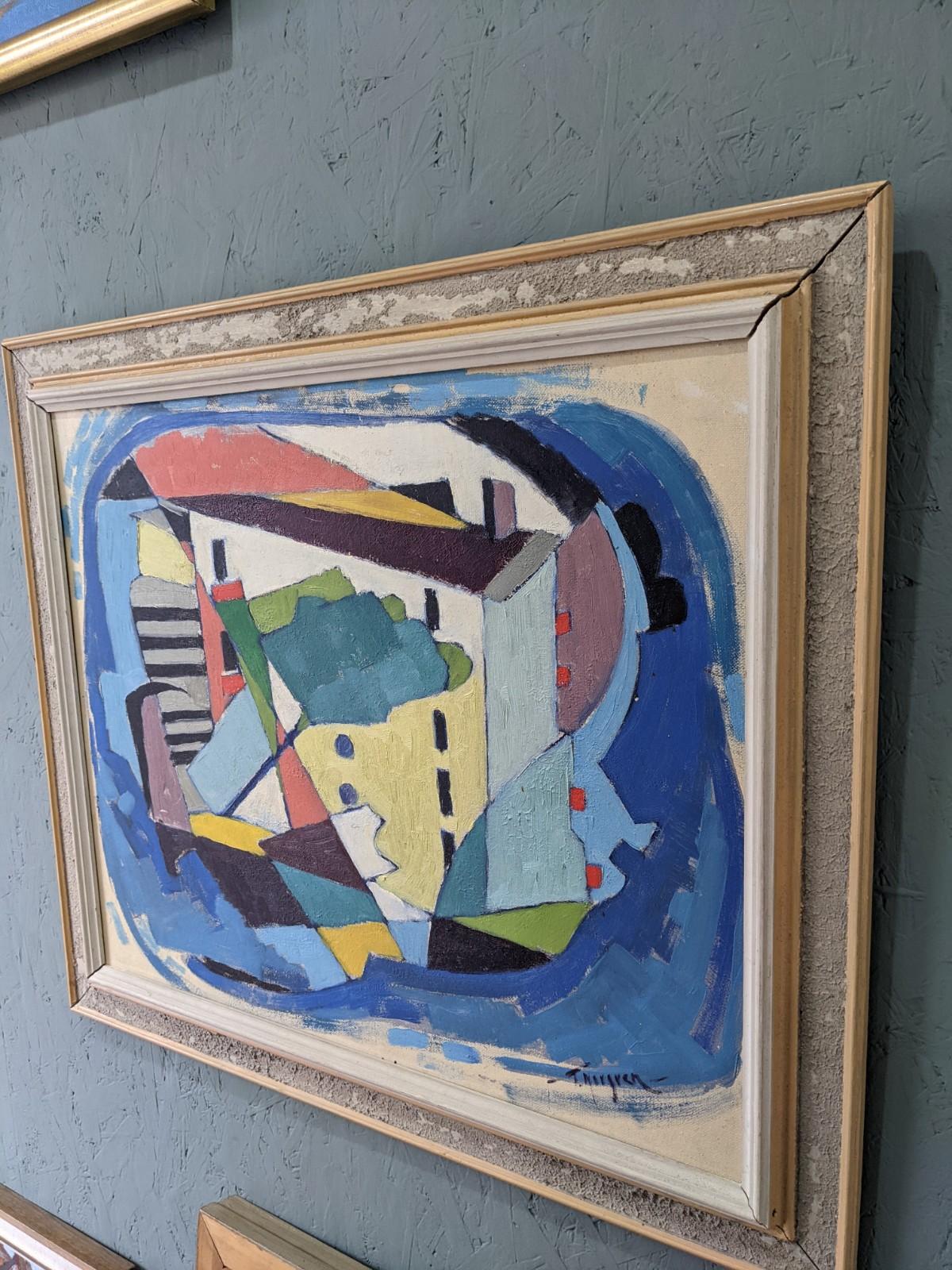 Pittura ad olio svedese d'epoca con cornice - Casa cubista, incorniciata 5