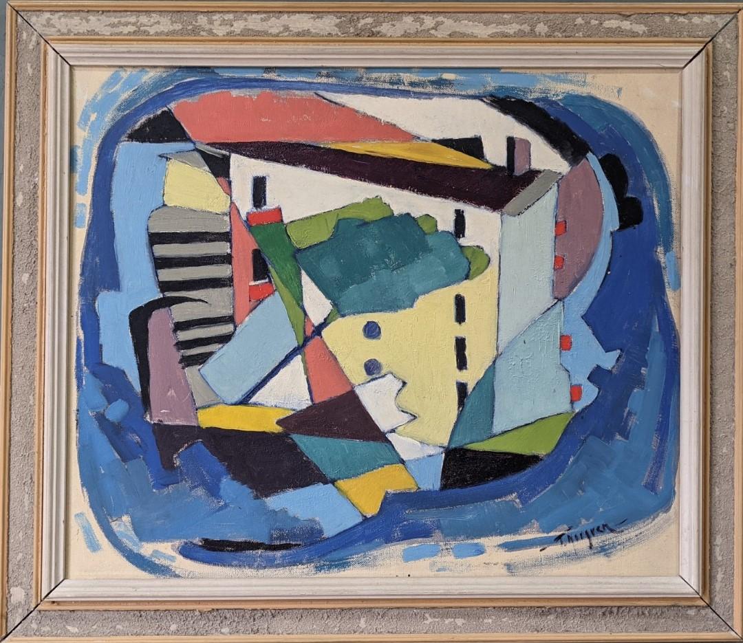 Unknown Abstract Painting - Mid-Century Modern Swedish Vintage Framed Oil Painting - Cubist House, Framed