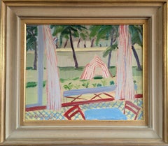 Mid Century Modern Swedish Vintage Landscape Oil Painting - Cafe Terrace