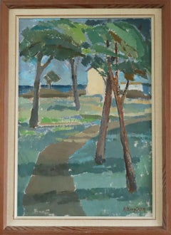 Mid Century Modern Swedish Vintage Landscape Oil Painting - Pathway to the Sea