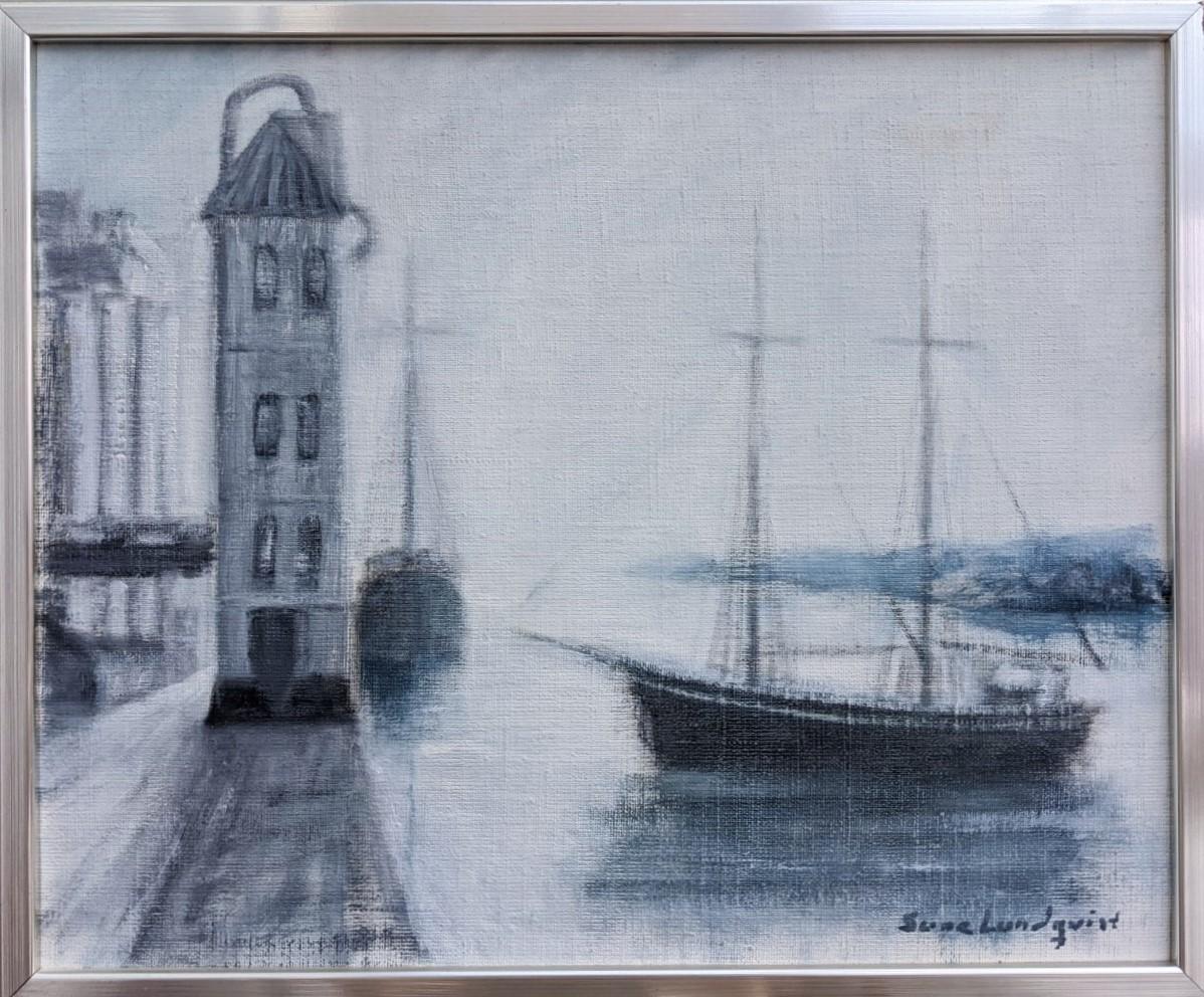 Unknown Landscape Painting - Mid-Century Modern Swedish Vintage Oil Painting - Quayside, Framed