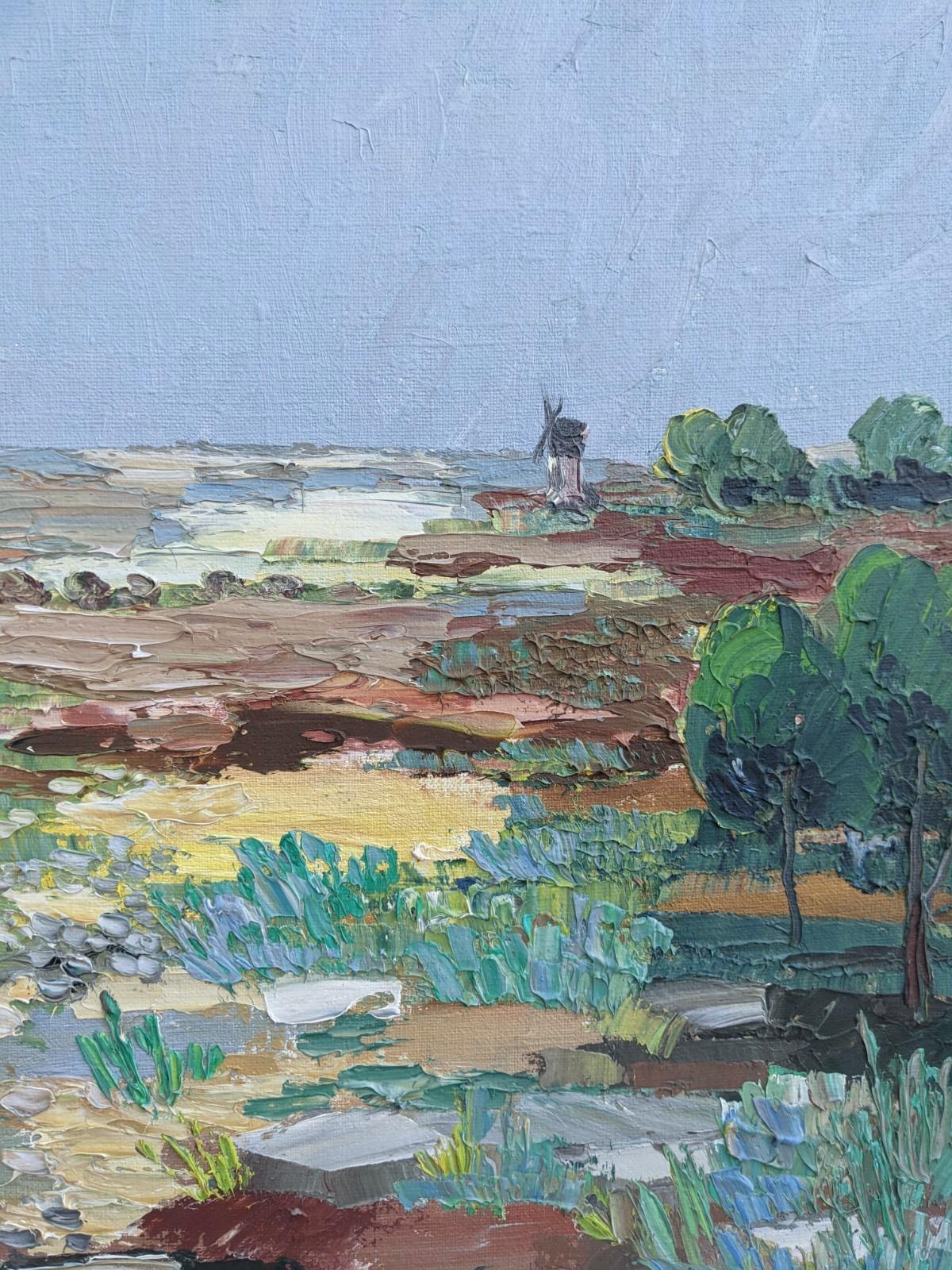 Peinture à l'huile suédoise moderne du milieu du siècle Water Meadow représentant un paysage vintage, encadrée - Impressionnisme Painting par Unknown