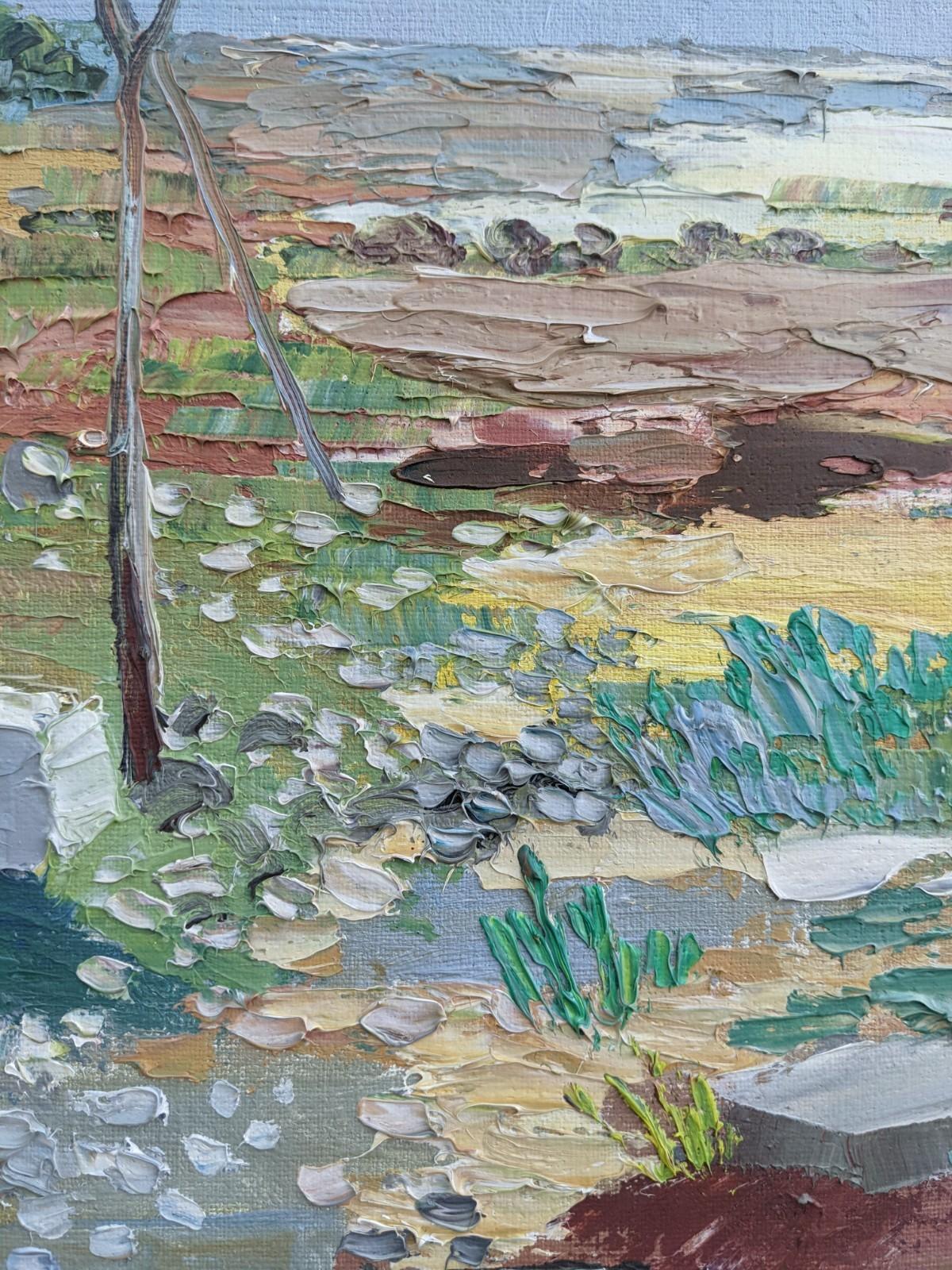Peinture à l'huile suédoise moderne du milieu du siècle Water Meadow représentant un paysage vintage, encadrée - Gris Landscape Painting par Unknown