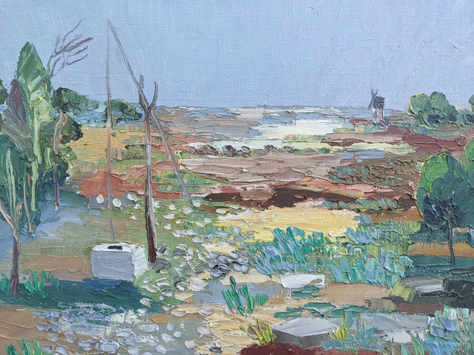 Pré de l'eau
Huile sur toile
Taille : 52 x 60 cm (cadre compris)

Un paysage moderniste du milieu du siècle très bien exécuté, peint à l'huile sur toile.

Sur cette photo, nous voyons une vaste prairie, parsemée d'arbres, ainsi qu'un moulin à vent