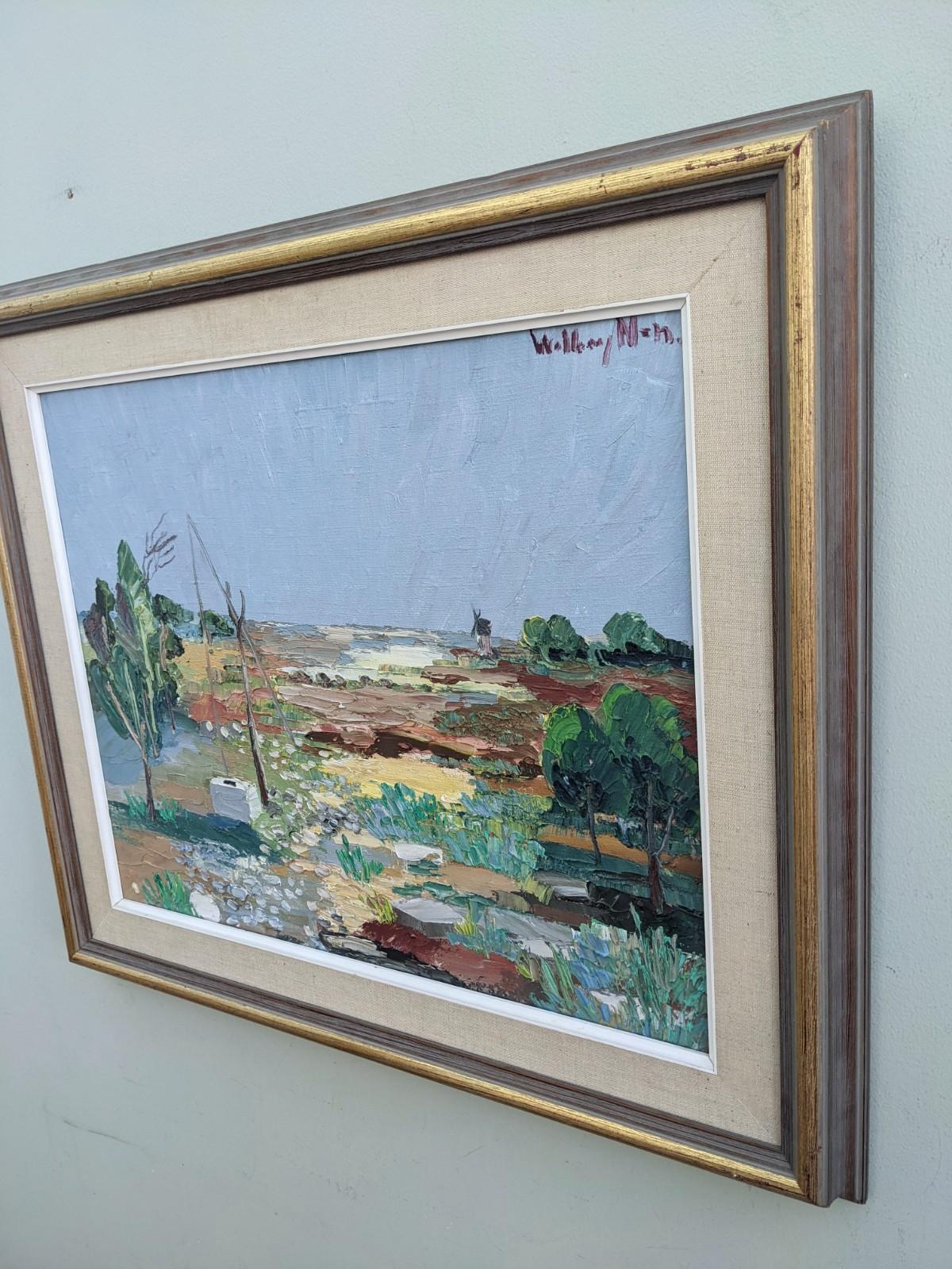 Peinture à l'huile suédoise moderne du milieu du siècle Water Meadow représentant un paysage vintage, encadrée 1