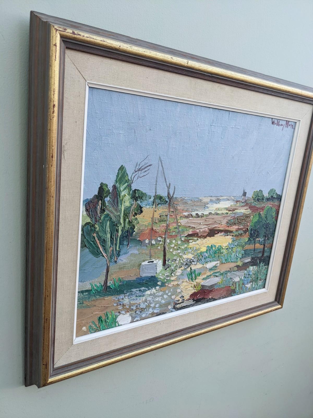 Peinture à l'huile suédoise moderne du milieu du siècle Water Meadow représentant un paysage vintage, encadrée 2