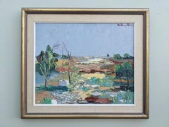 Mid-Century Modern Swedish "Water Meadow" Vintage Landscape Oil Painting, Framed