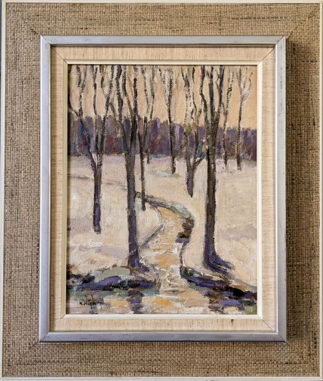 Unknown Landscape Painting - Mid-Century Modern Swedish "Winter Forest" Vintage Landscape Oil Painting, Frame