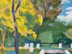 Mid-Century Modern "The Courtyard" River Scene Landscape Oil Painting, Framed
