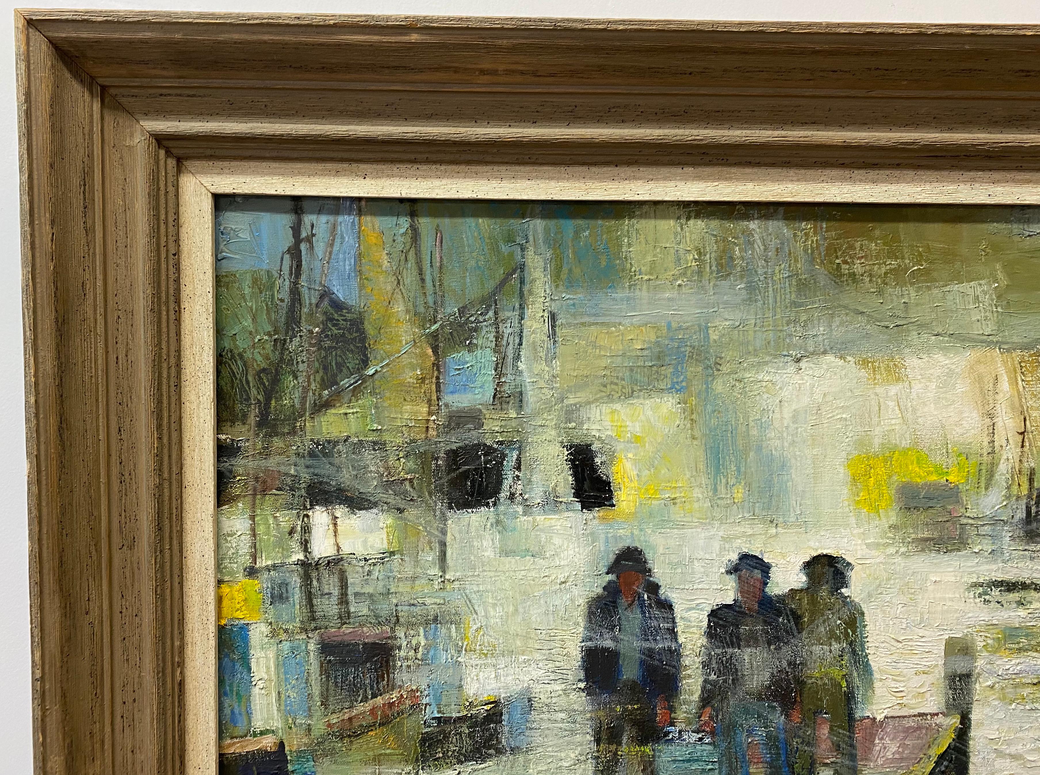 Mid Century Modern Three Figures Dockside Oil Painting c.1950s For Sale 1
