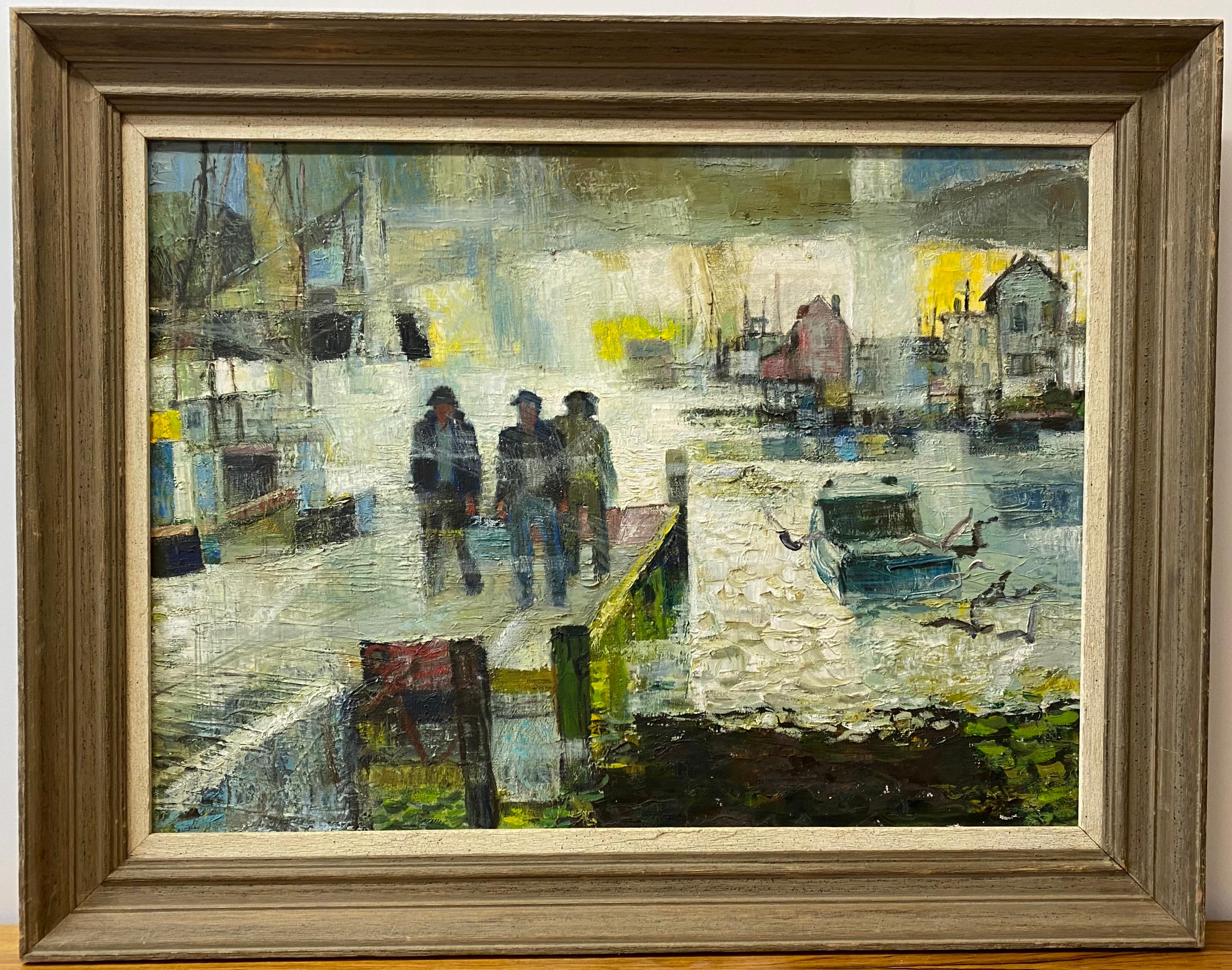 Figurative Painting di Unknown - Pittura ad olio di metà secolo moderno con tre figure sul molo, anni '50 circa