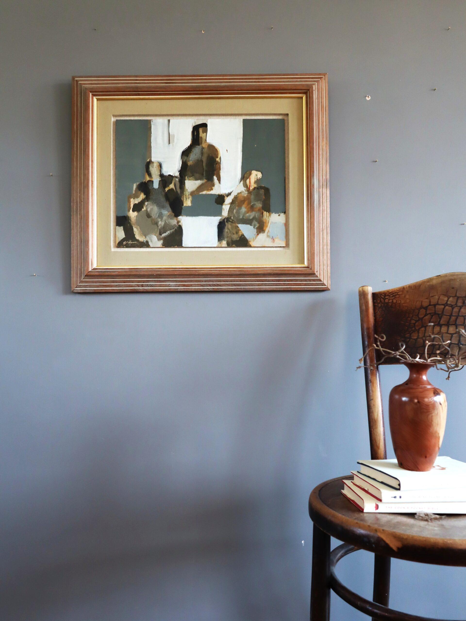 Abstraktes figuratives Ölgemälde - Abstraktes Trio, Mid-Century Modern, Vintage (Braun), Figurative Painting, von Unknown