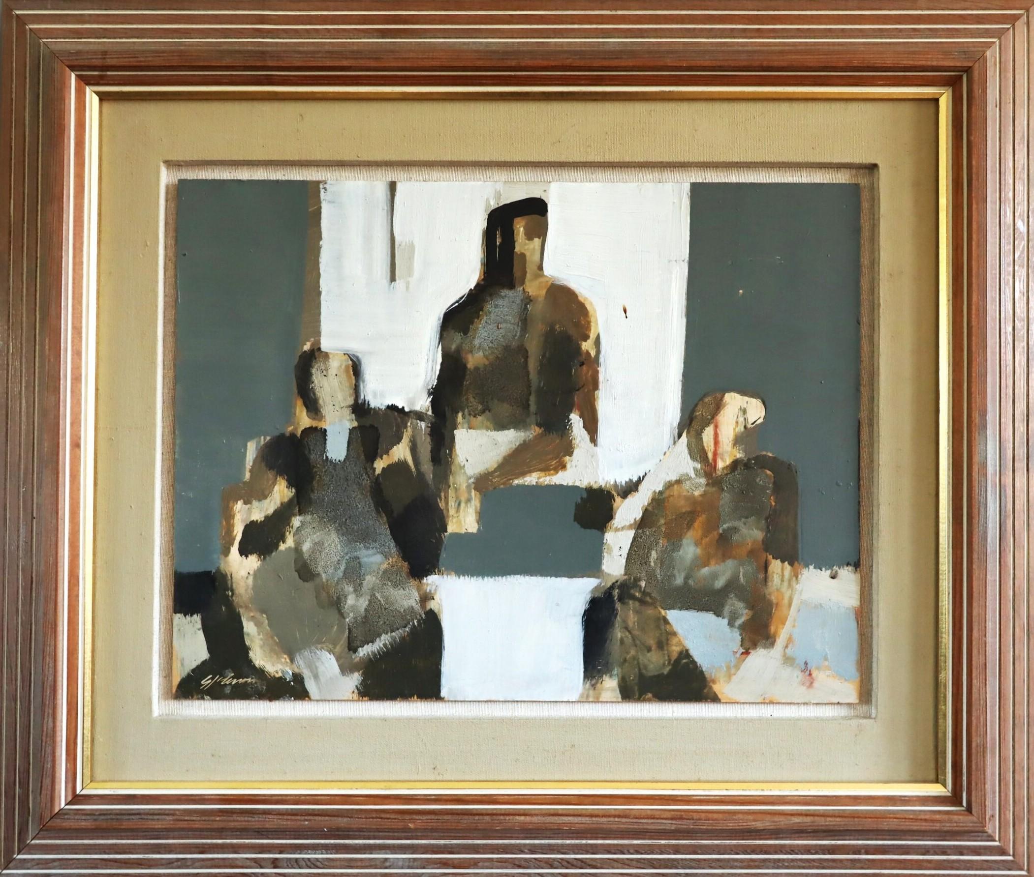 Unknown Figurative Painting – Abstraktes figuratives Ölgemälde - Abstraktes Trio, Mid-Century Modern, Vintage