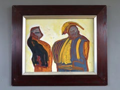Mid Century Modern Vintage Abstract Figurative Oil Painting - The Exchange