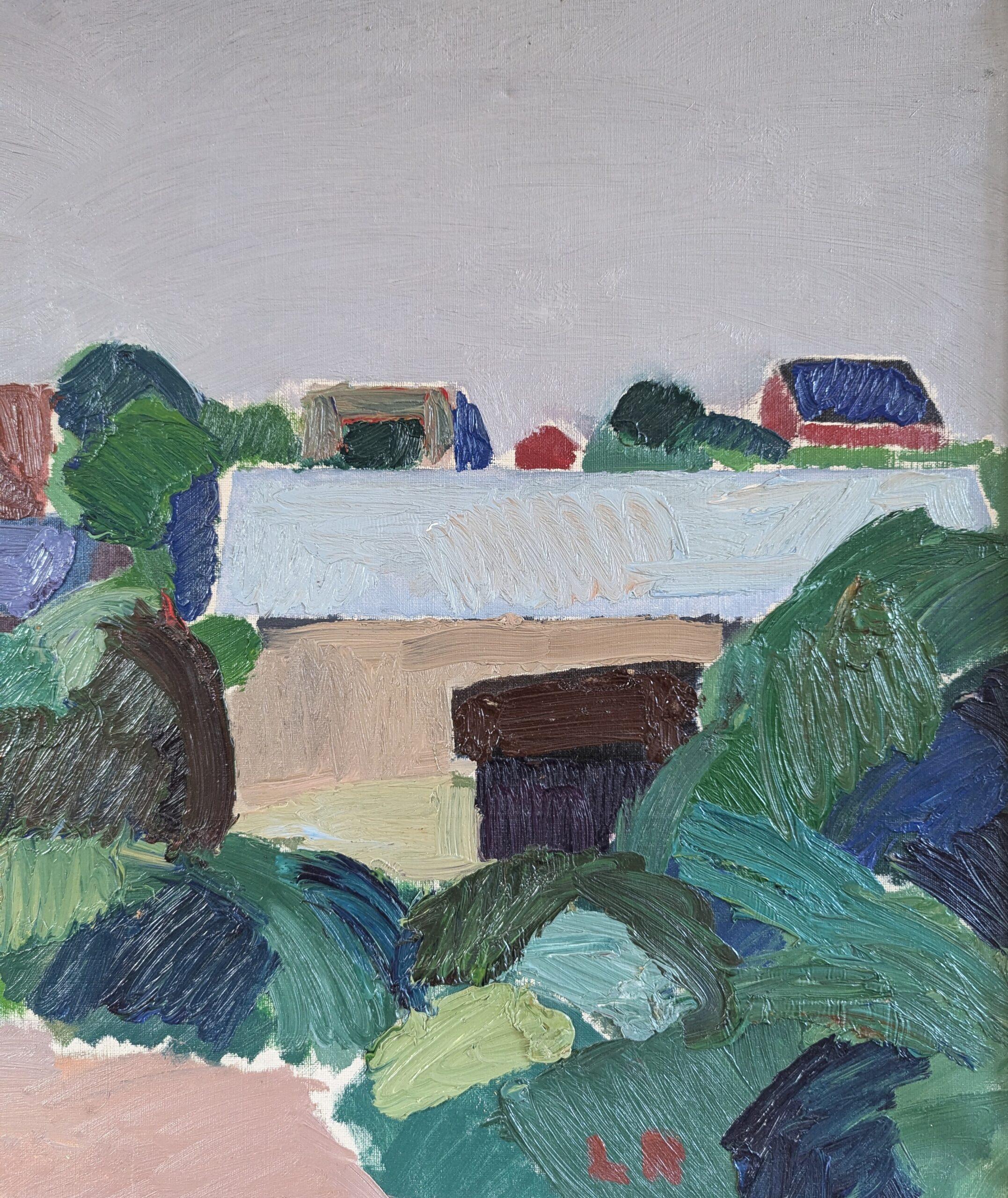 Pittura ad olio di paesaggio astratto vintage di metà secolo - Case in collina in vendita 5