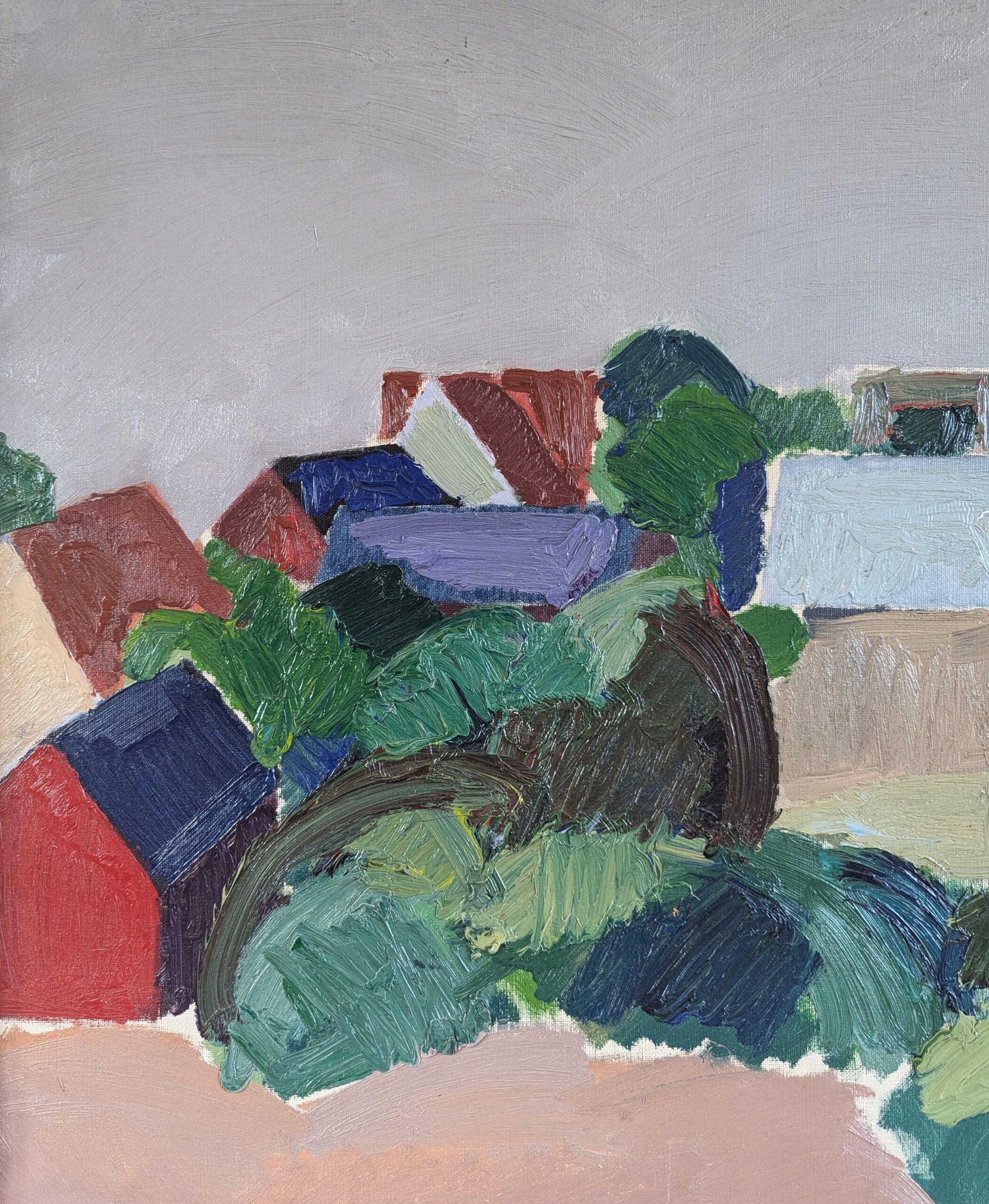 Pittura ad olio di paesaggio astratto vintage di metà secolo - Case in collina in vendita 6