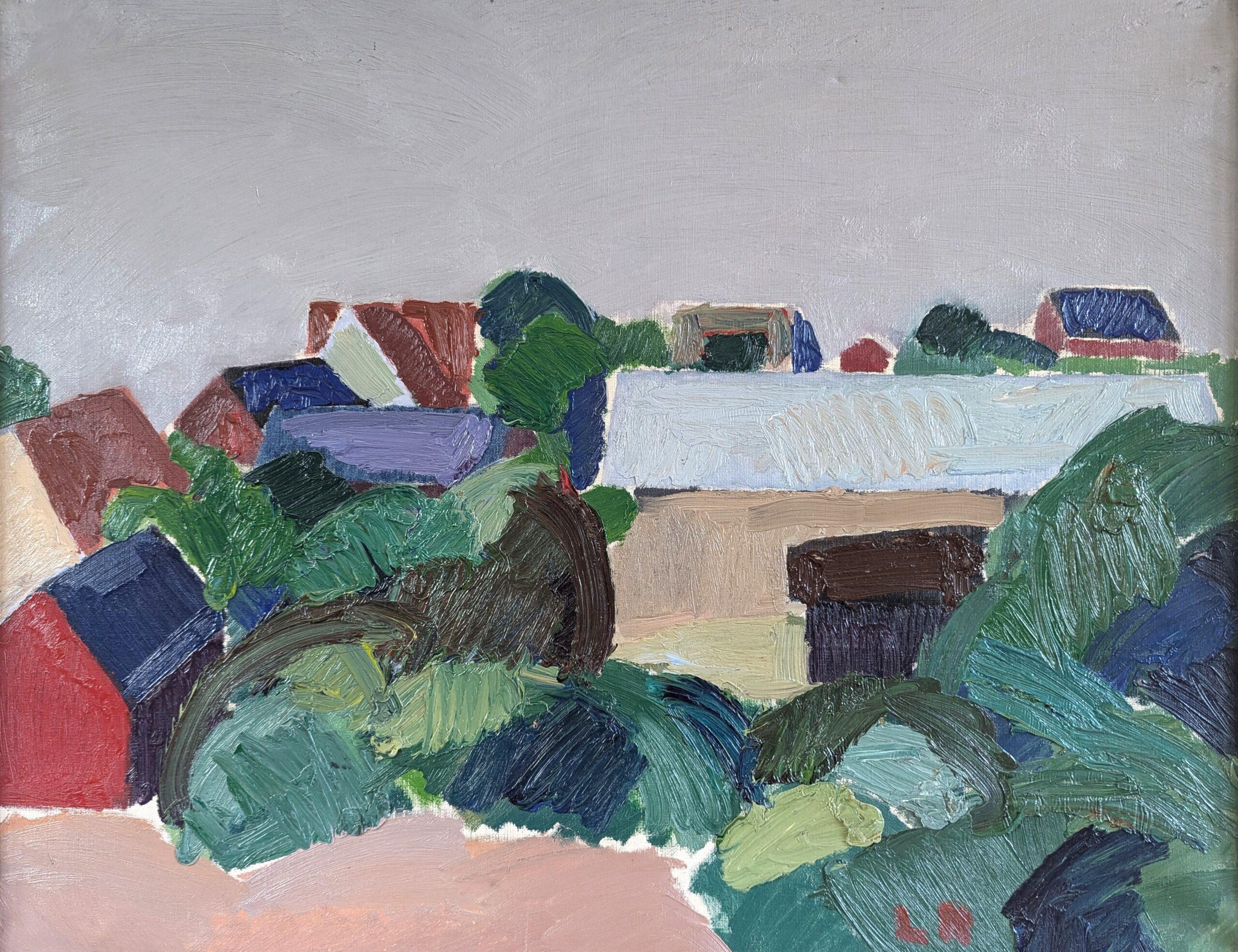 Pittura ad olio di paesaggio astratto vintage di metà secolo - Case in collina in vendita 7