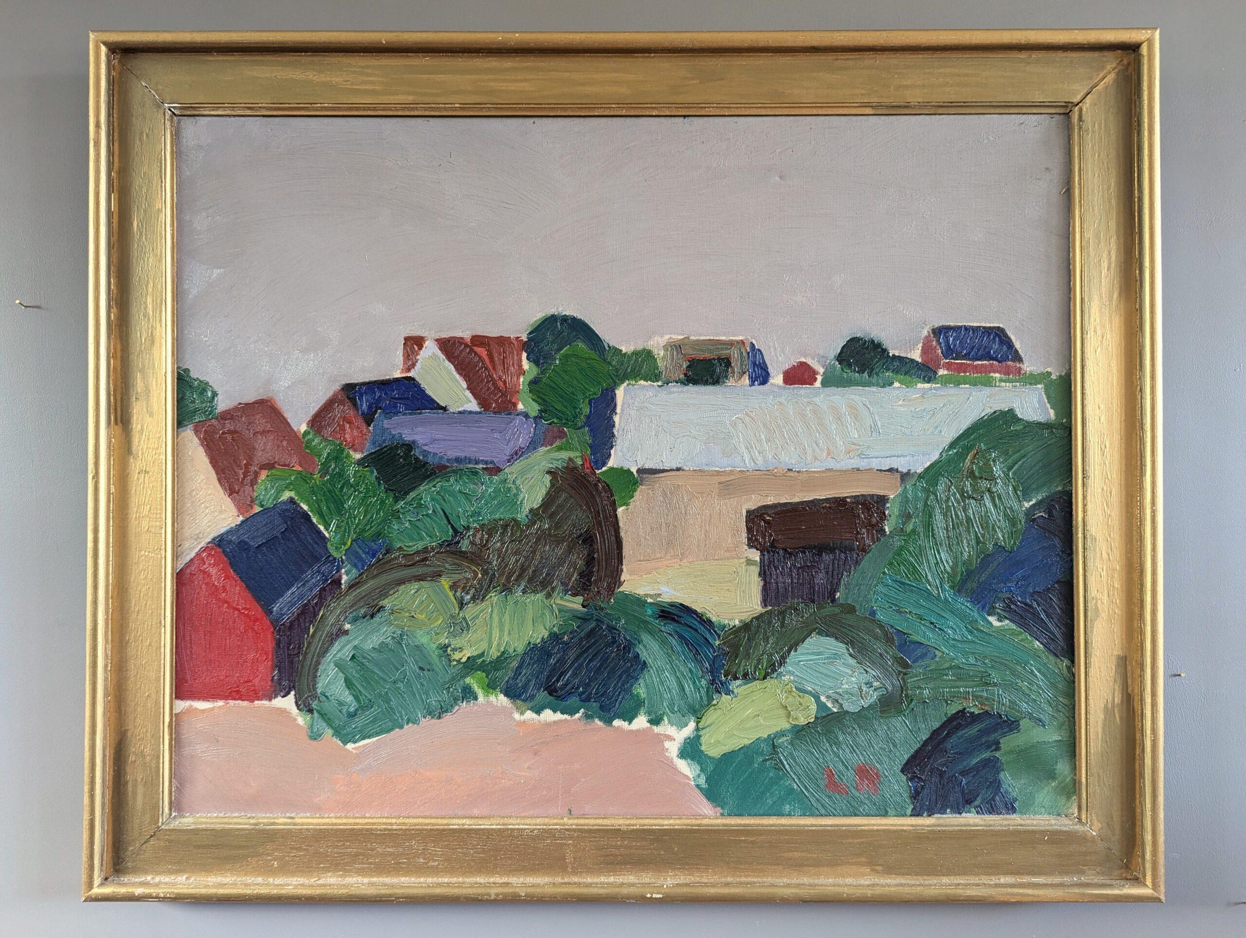 Pittura ad olio di paesaggio astratto vintage di metà secolo - Case in collina - Painting di Unknown