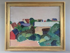Mid-Century Modern Vintage Abstract Landscape Oil Painting - Hillside Houses
