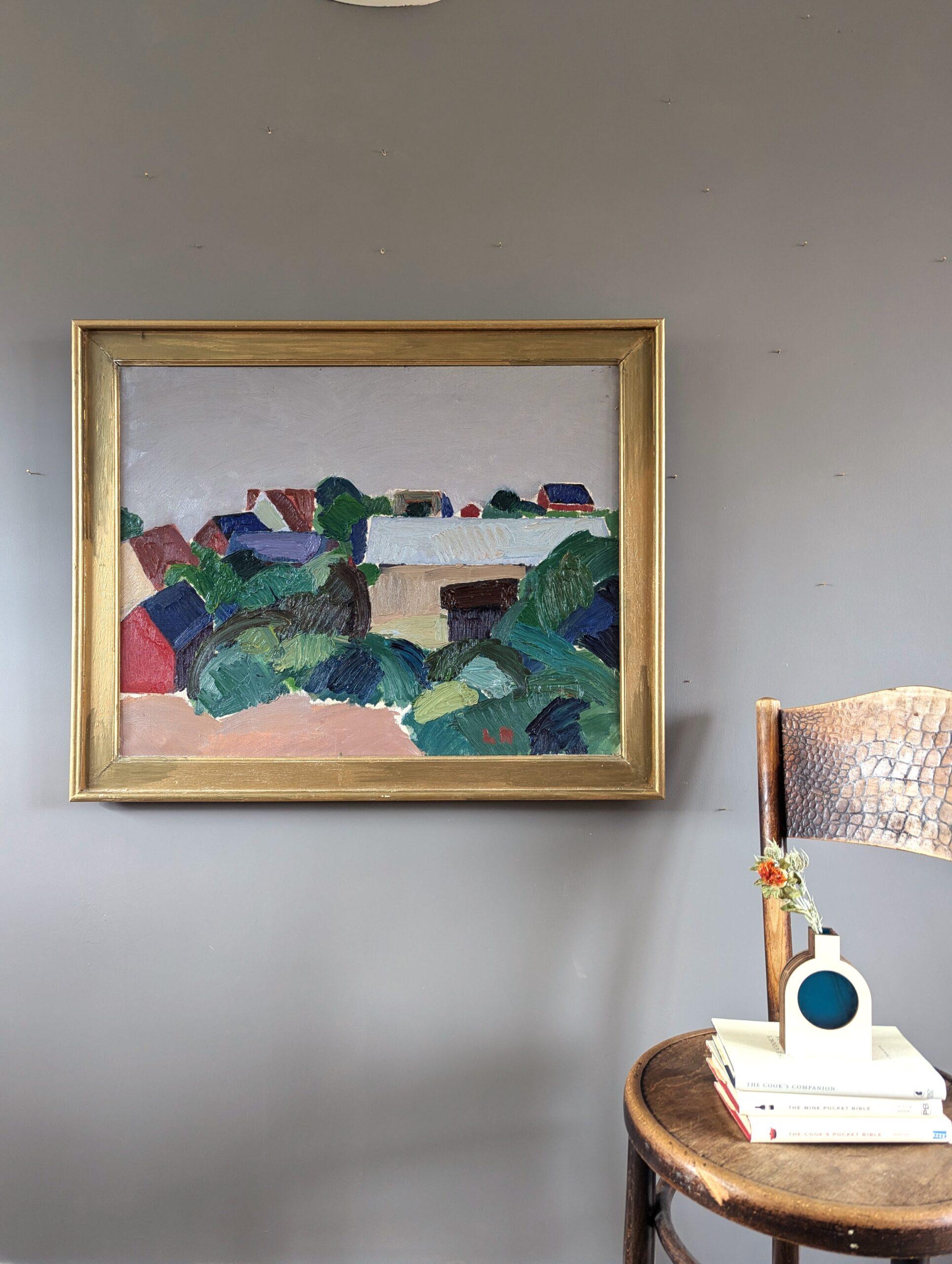 Pittura ad olio di paesaggio astratto vintage di metà secolo - Case in collina - Painting Moderno di Unknown