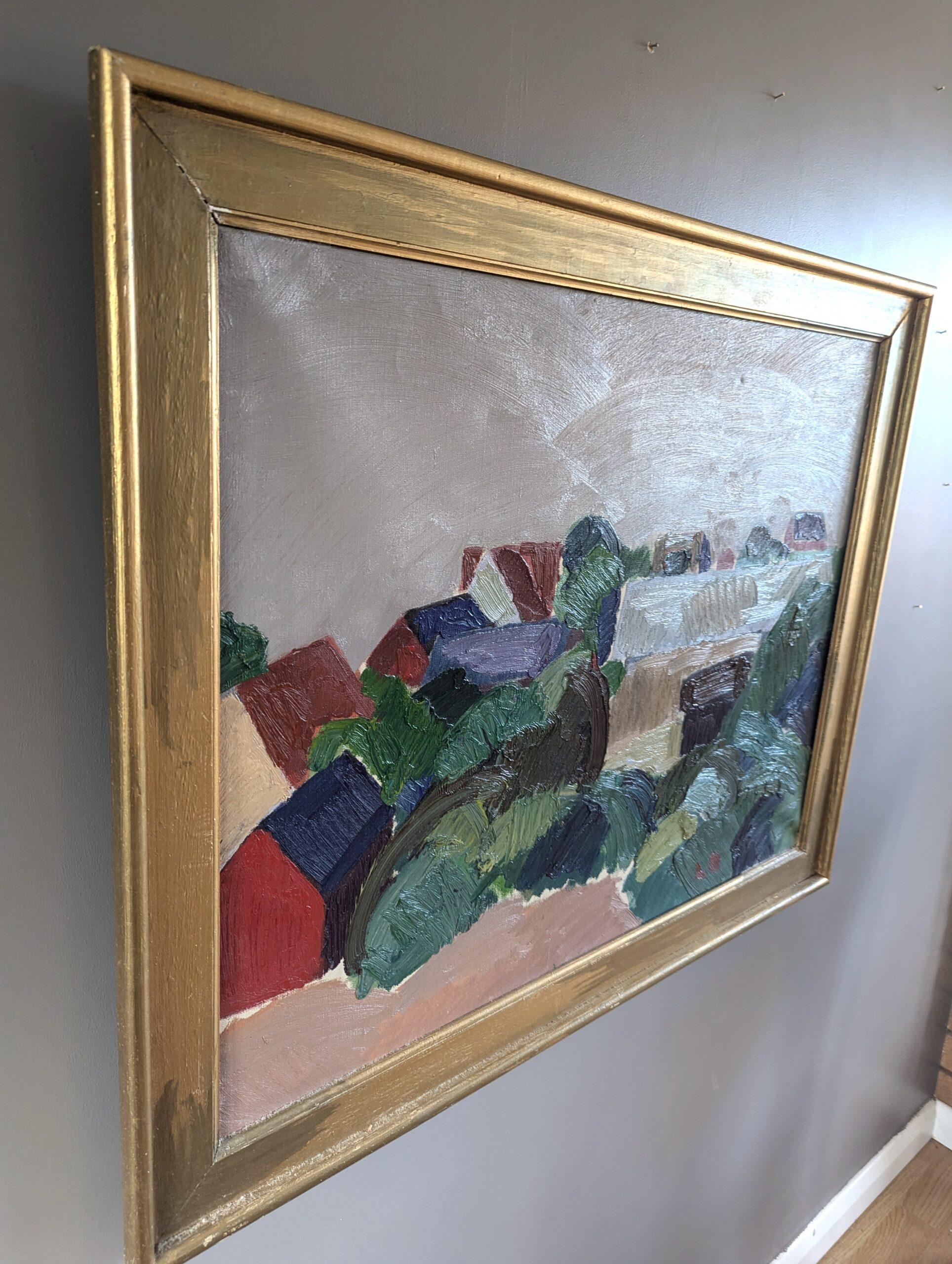 Pittura ad olio di paesaggio astratto vintage di metà secolo - Case in collina - Landscape Painting Marrone di Unknown