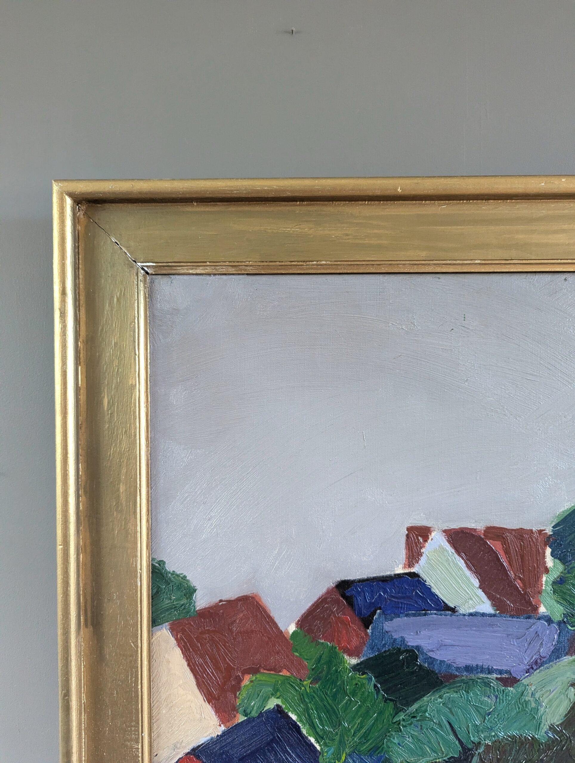 Pittura ad olio di paesaggio astratto vintage di metà secolo - Case in collina in vendita 1