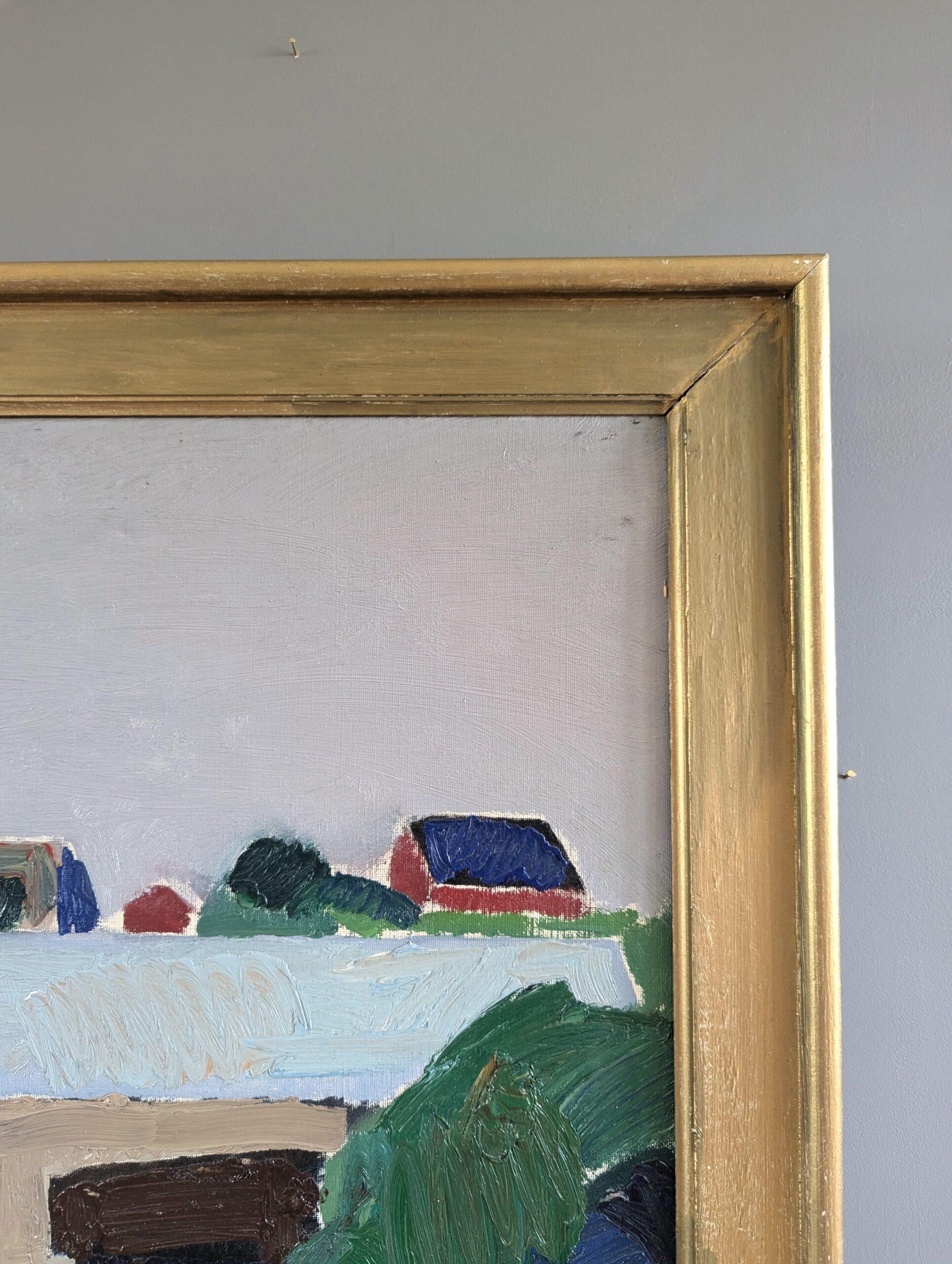 Pittura ad olio di paesaggio astratto vintage di metà secolo - Case in collina in vendita 2