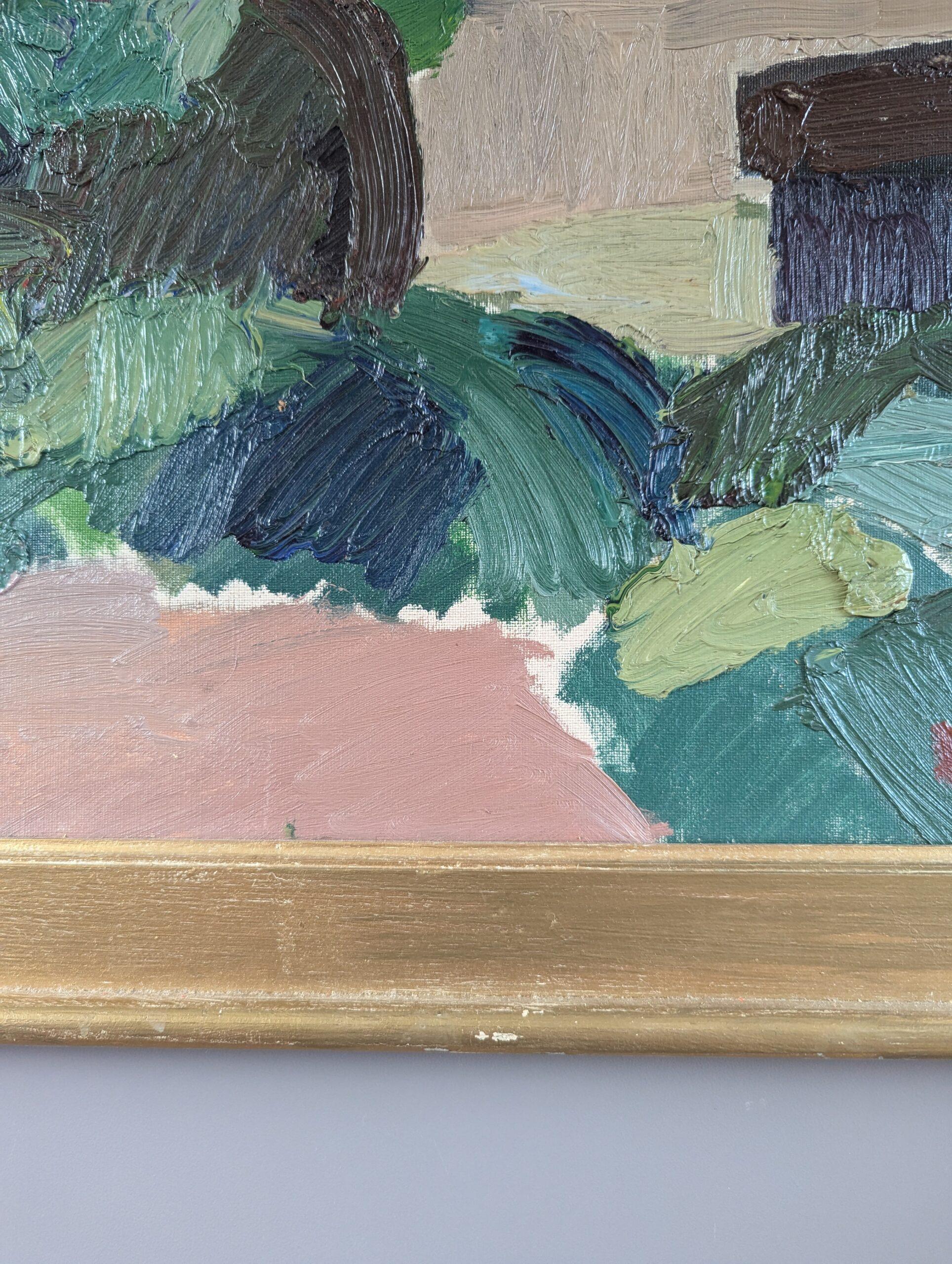 Pittura ad olio di paesaggio astratto vintage di metà secolo - Case in collina in vendita 3