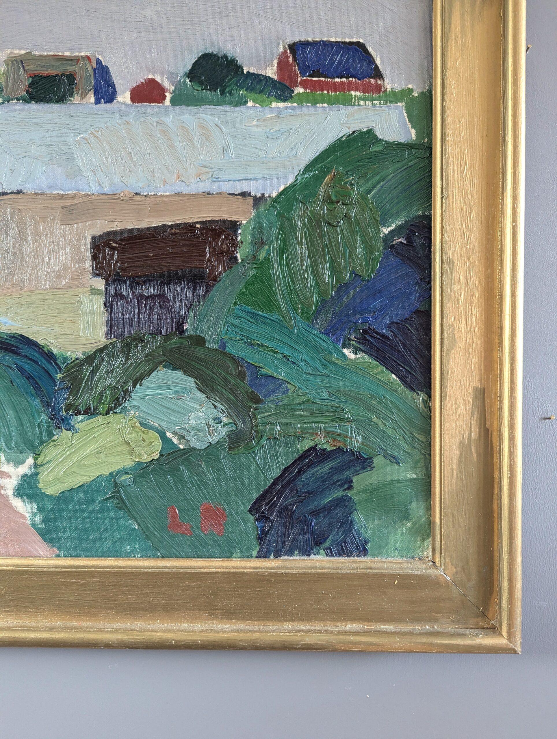 Pittura ad olio di paesaggio astratto vintage di metà secolo - Case in collina in vendita 4