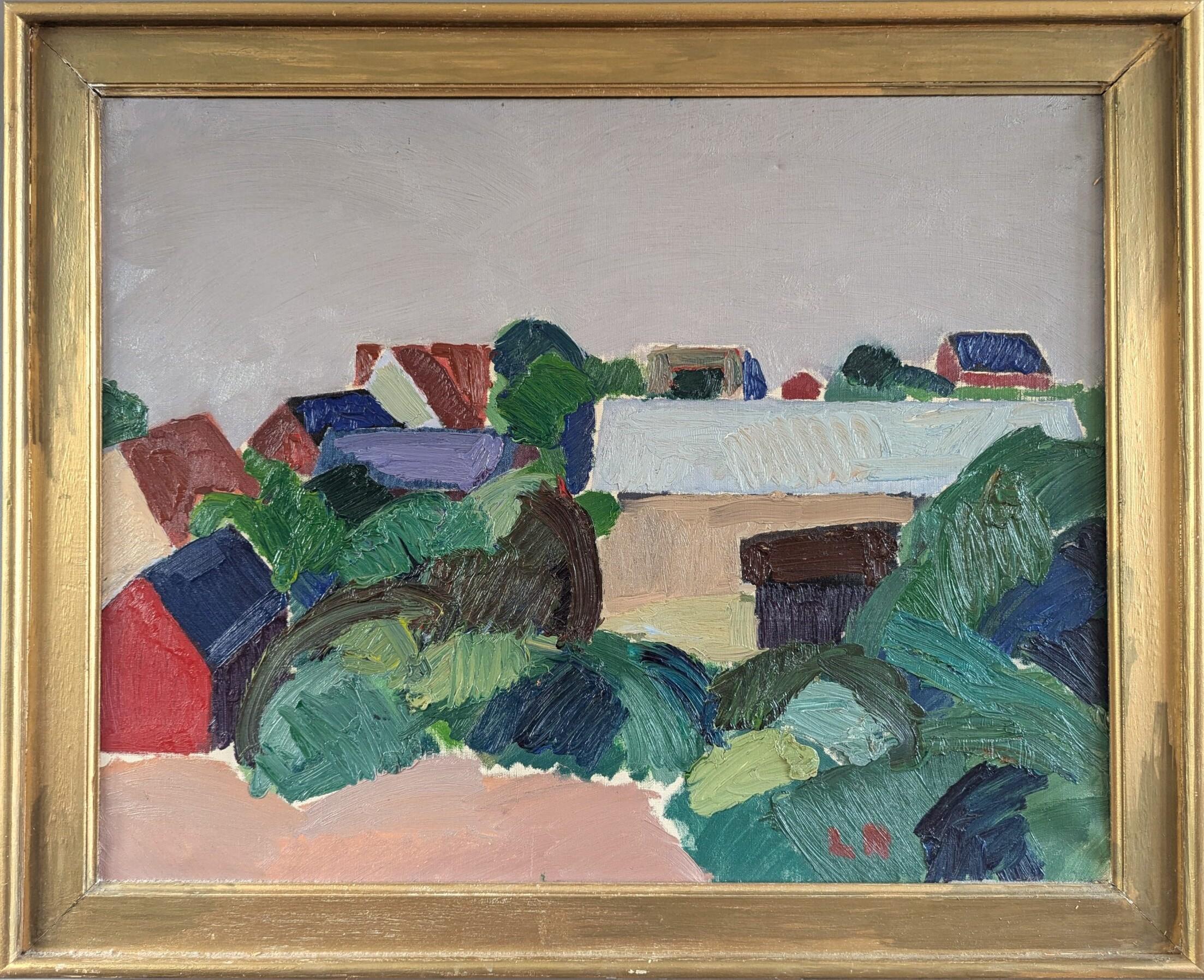 Landscape Painting di Unknown - Pittura ad olio di paesaggio astratto vintage di metà secolo - Case in collina