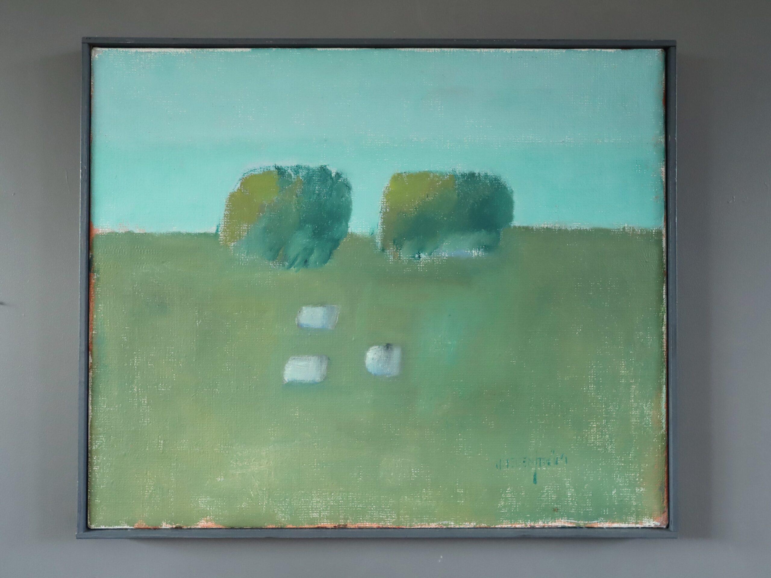 Pittura ad olio di paesaggio astratto vintage di metà secolo - Pascolo tranquillo - Painting di Unknown