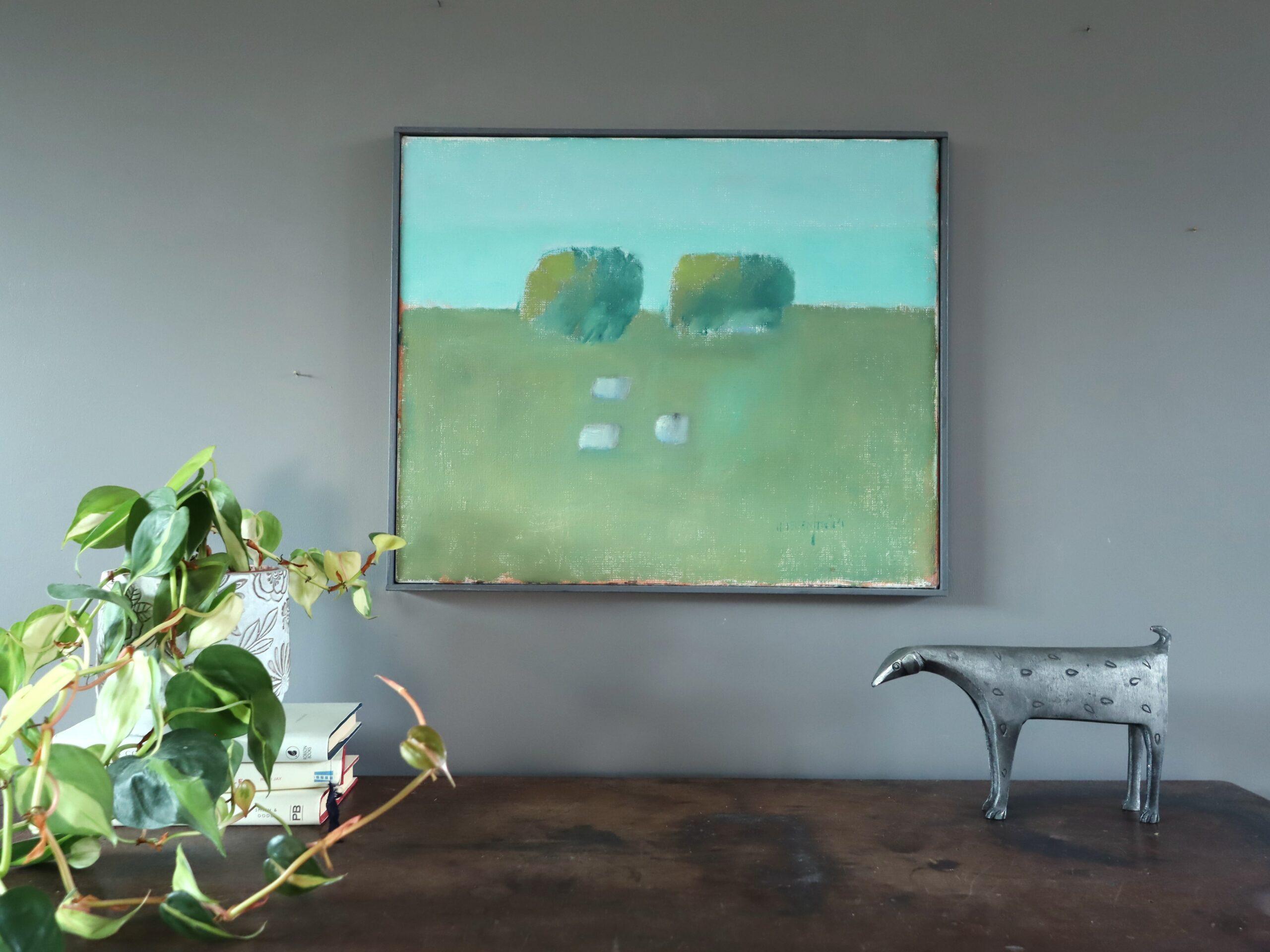 Pittura ad olio di paesaggio astratto vintage di metà secolo - Pascolo tranquillo - Painting Moderno di Unknown