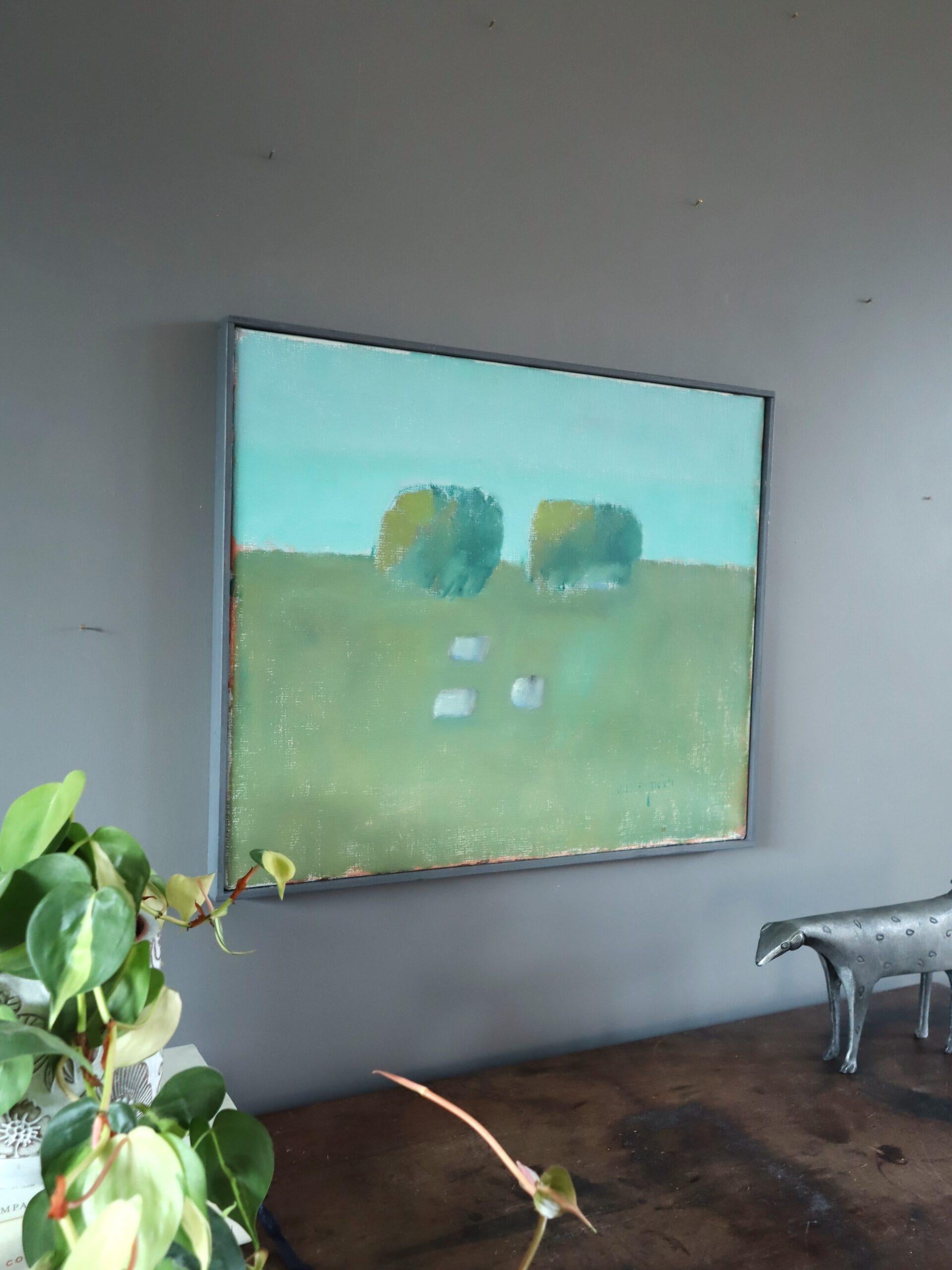 Pittura ad olio di paesaggio astratto vintage di metà secolo - Pascolo tranquillo - Landscape Painting Grigio di Unknown