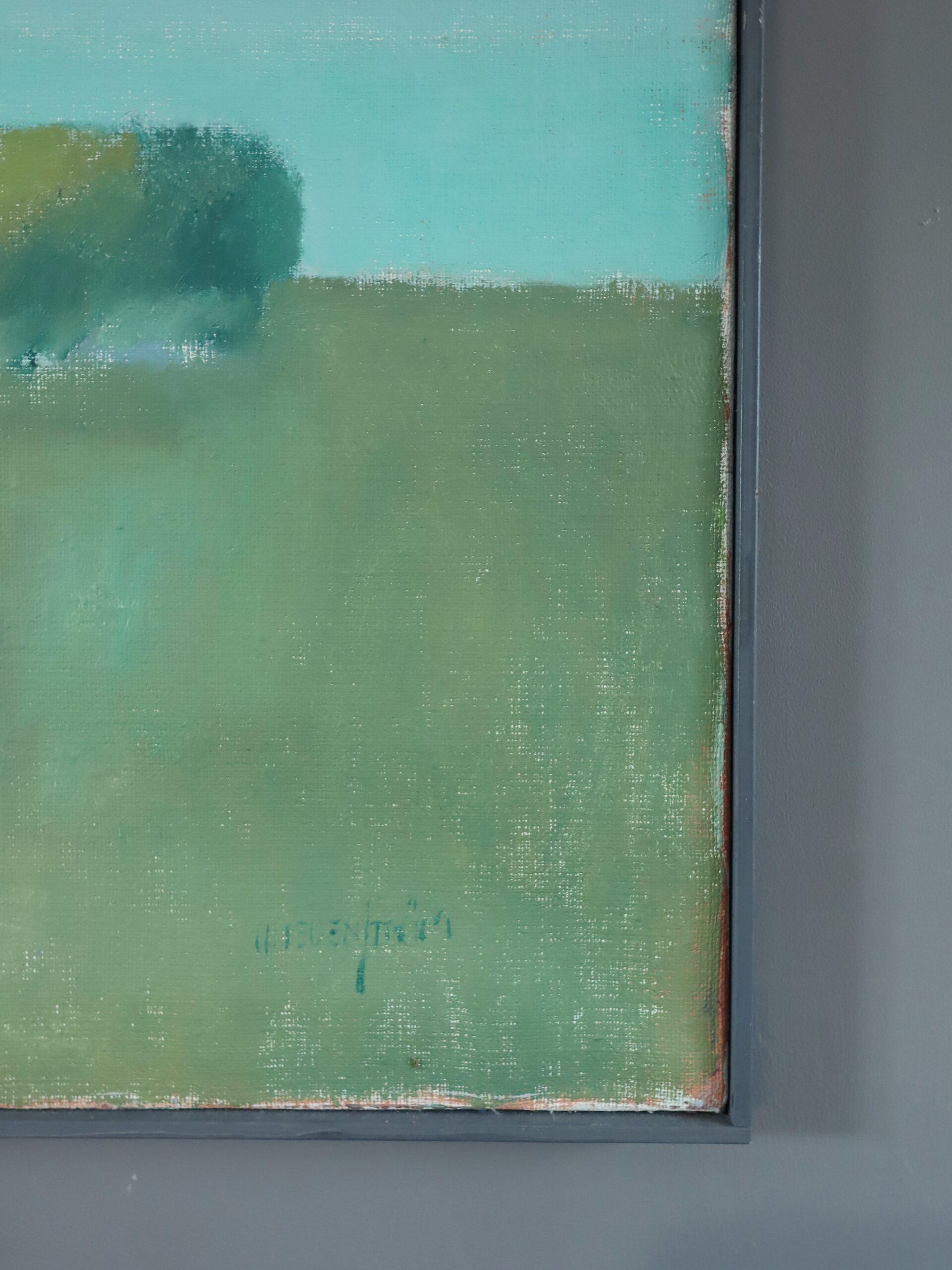 Pittura ad olio di paesaggio astratto vintage di metà secolo - Pascolo tranquillo in vendita 2