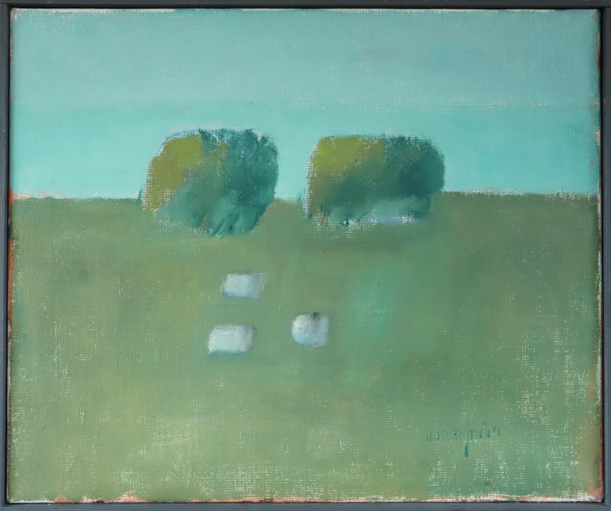 Landscape Painting di Unknown - Pittura ad olio di paesaggio astratto vintage di metà secolo - Pascolo tranquillo